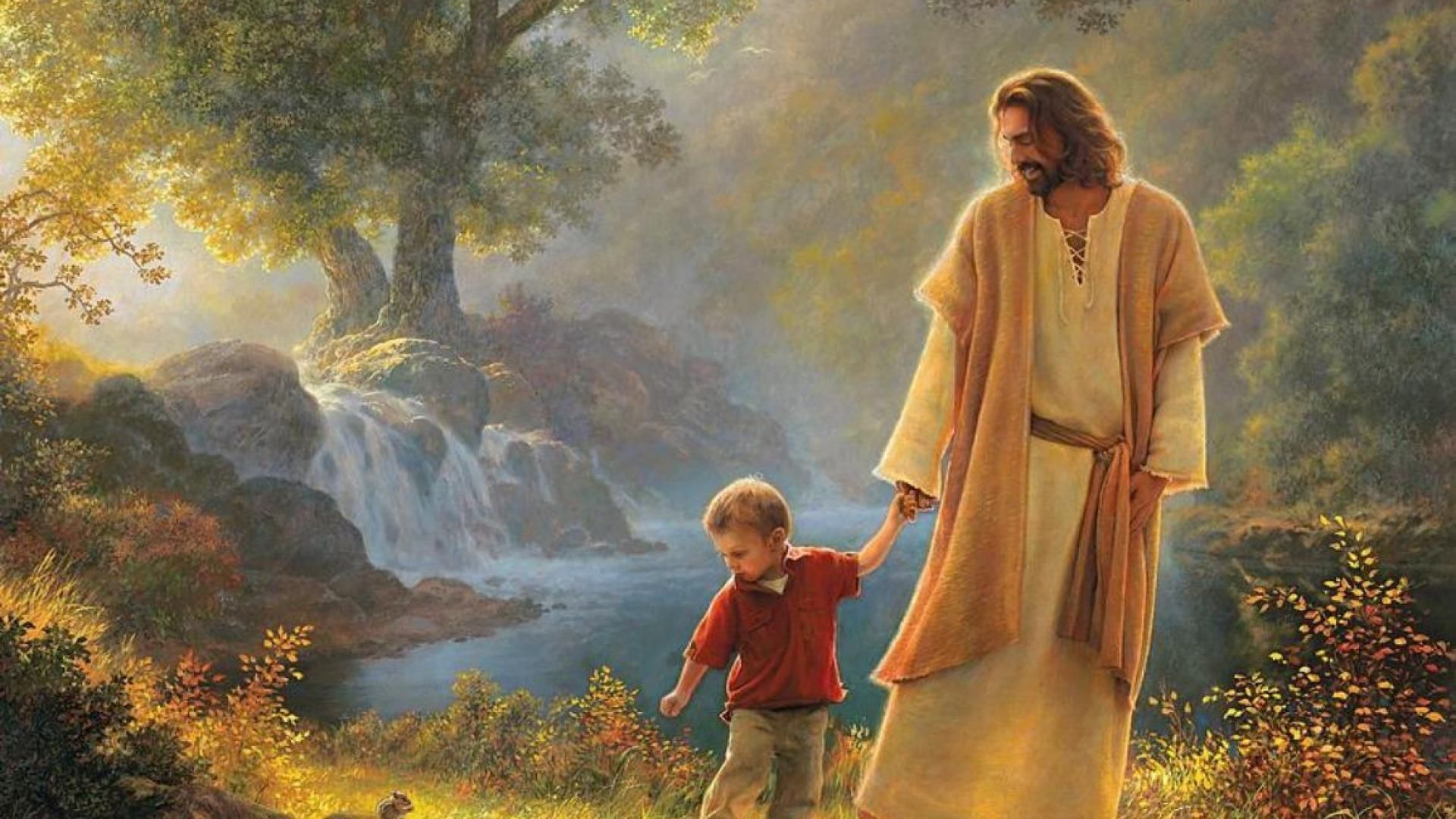 Jesus walking with a child in a forest - Jesus
