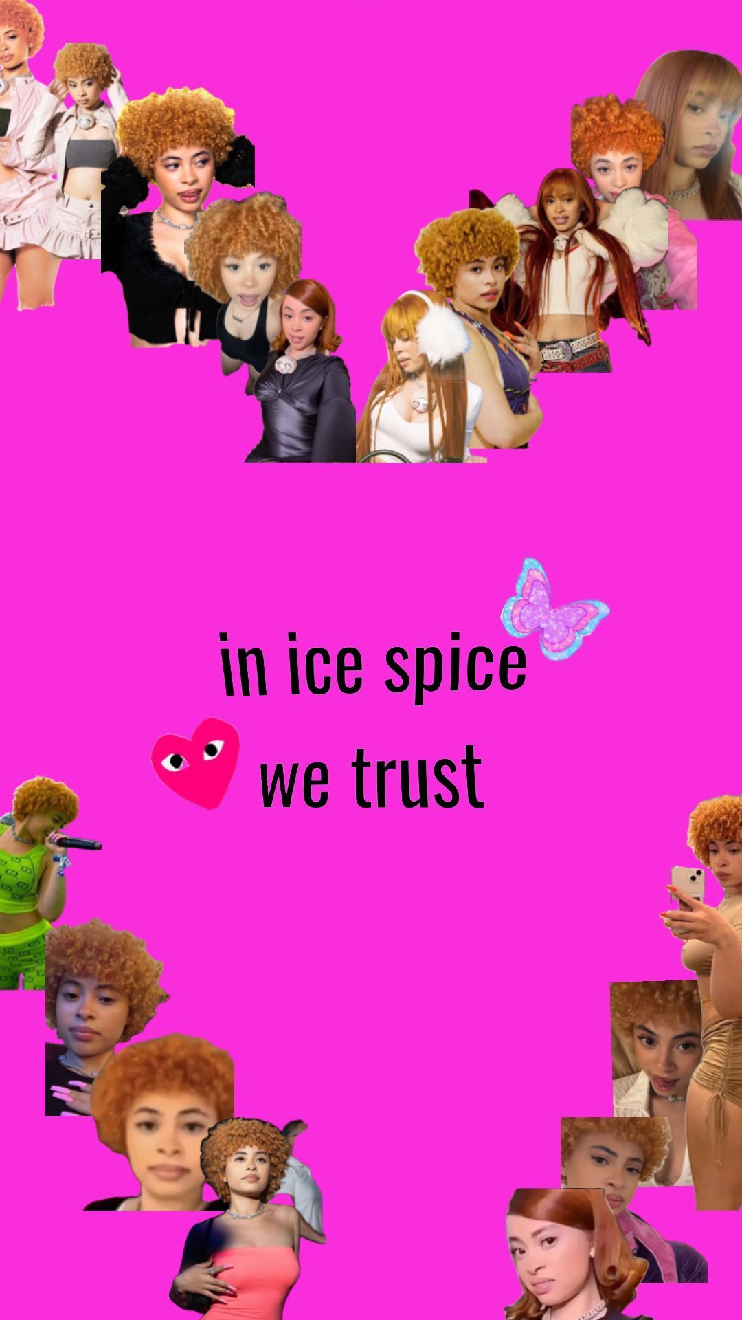 A pink background with a heart made of pictures of different Ice Spice dolls and the words 