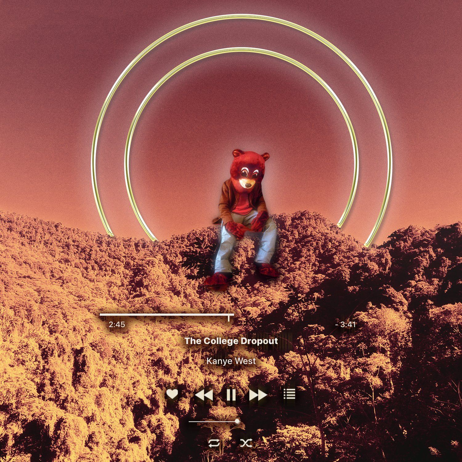 A album cover of The College Dropout by Kanye West with a bear in a red jacket sitting on a mountain. - Kanye West