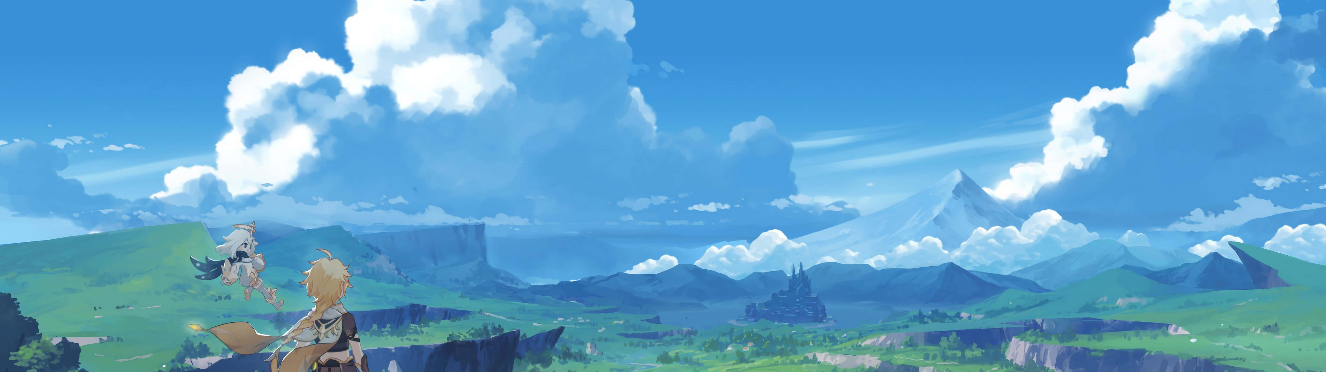 A 2560x1440 wallpaper of Link and his horse, Epona, overlooking a beautiful mountain landscape in The Legend of Zelda: Breath of the Wild. - 5120x1440