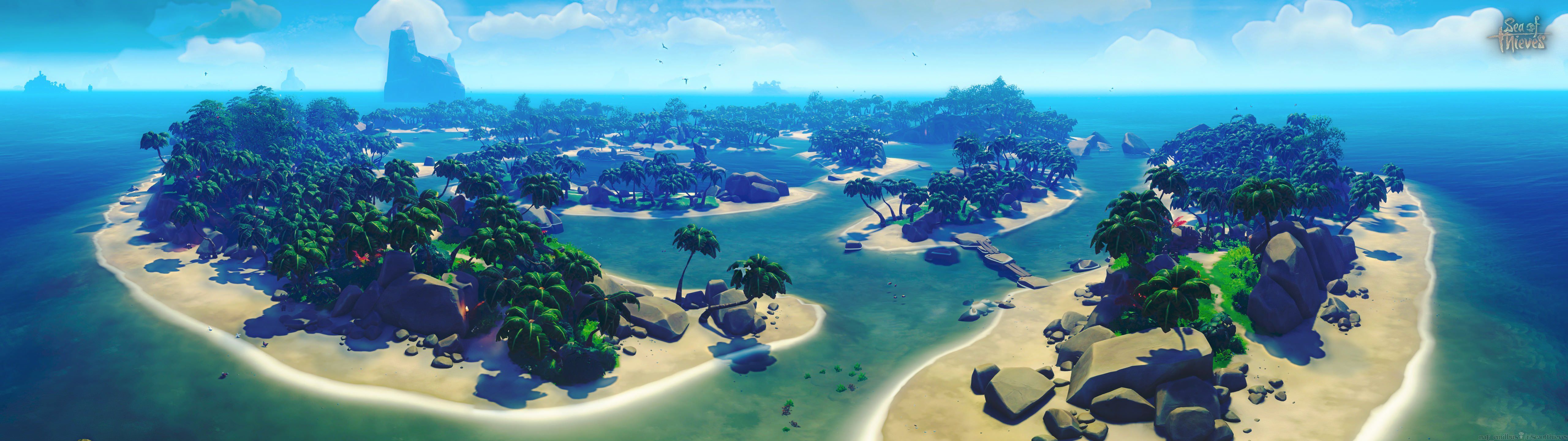 A beautiful view of the islands in Sea of Thieves - 5120x1440