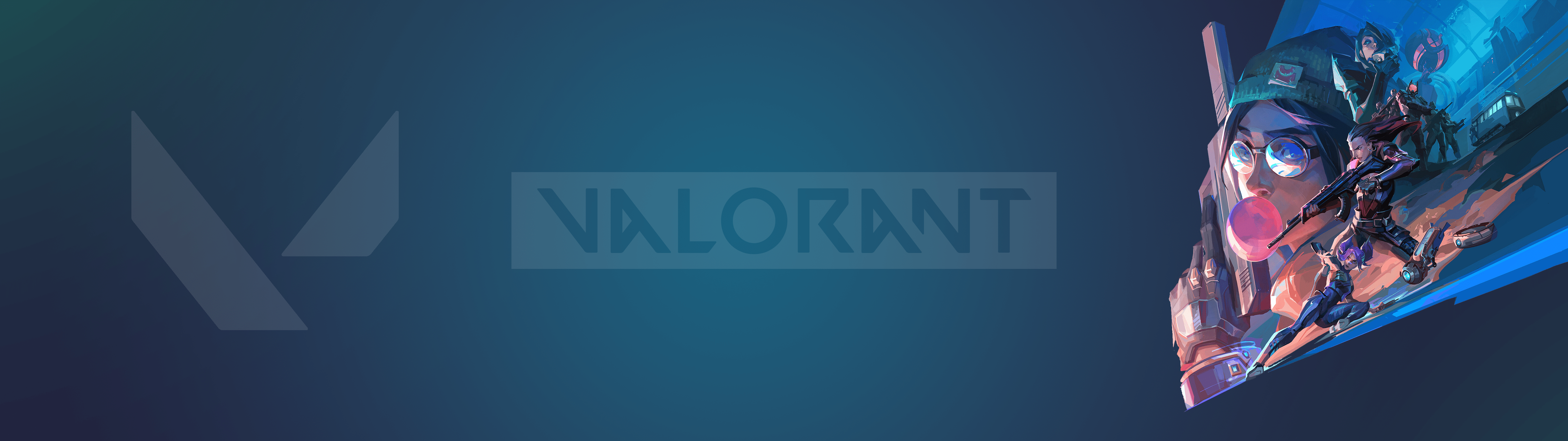 A Valorant logo wallpaper with a character in the corner - 5120x1440