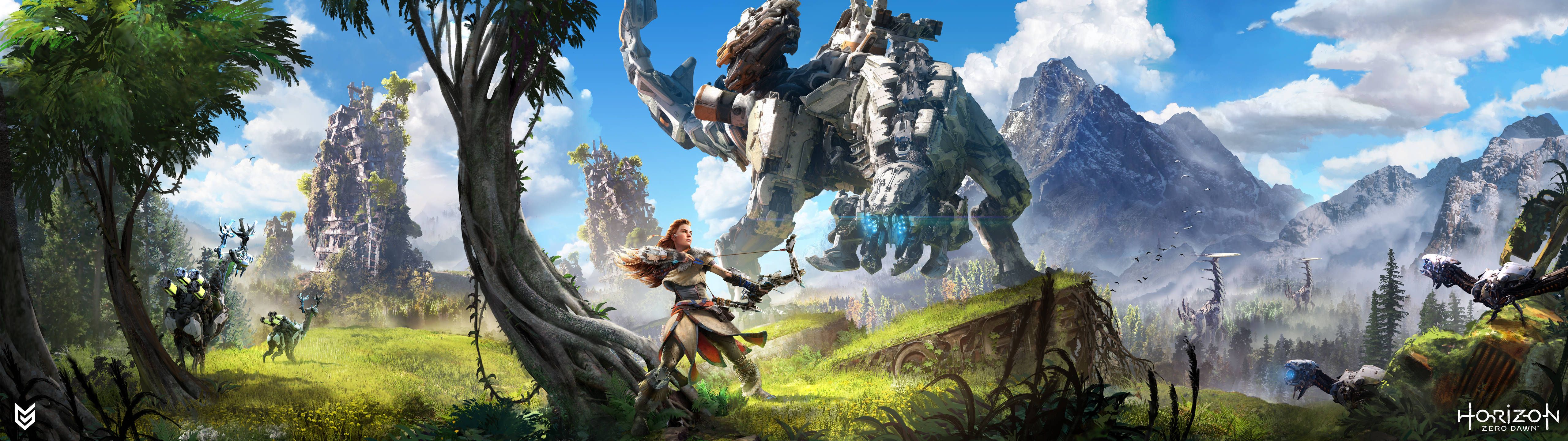 Aloy, the main protagonist of Horizon Zero Dawn, faces off against a massive robotic dinosaur in the game's open-world environment. - 5120x1440
