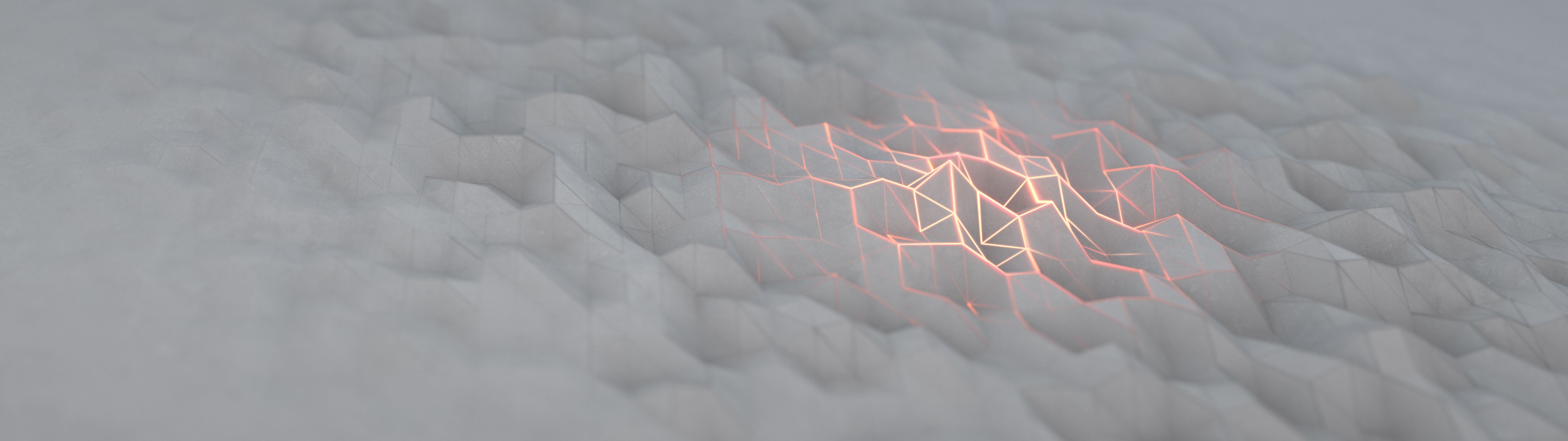 A close up of a wall of white honeycomb with a red neon light on the right side. - 5120x1440