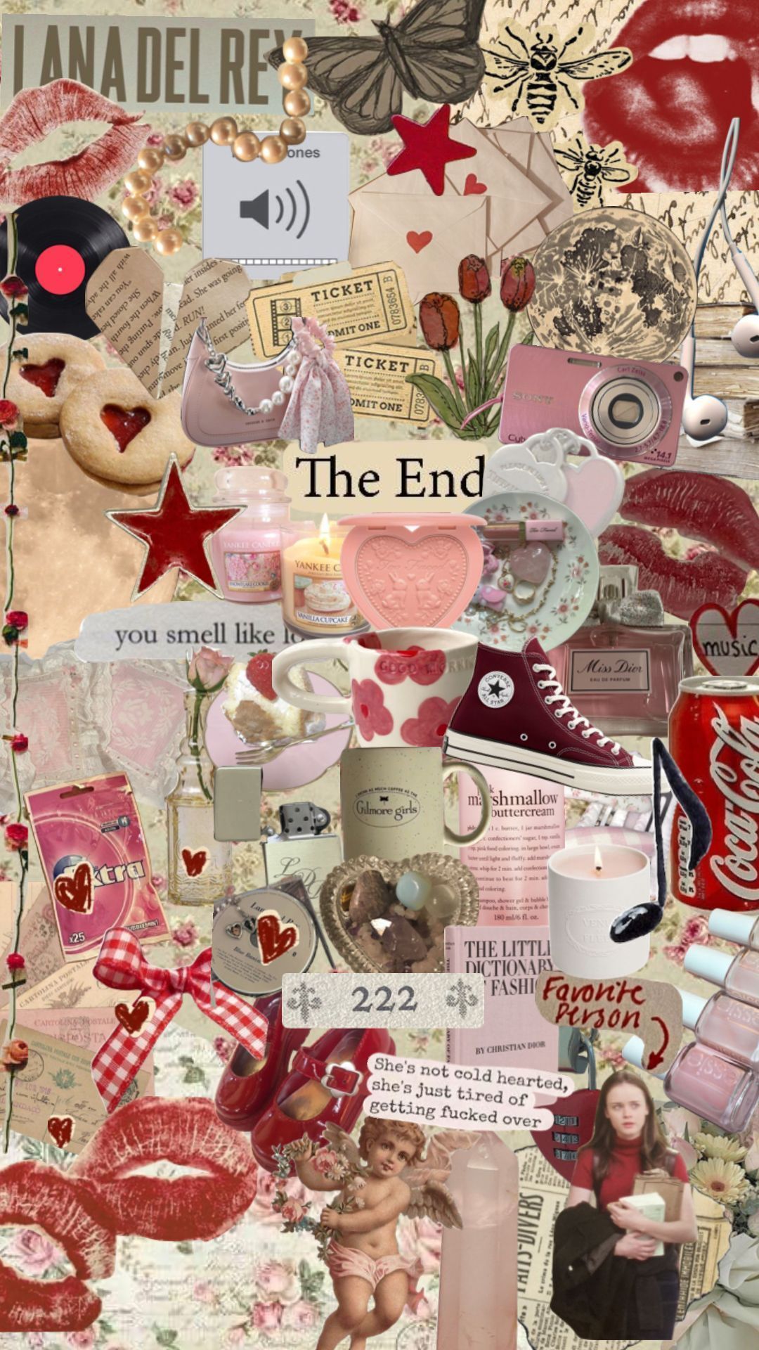 A collage of various items including a cup, a book, a butterfly, and a red lip print. - Coquette