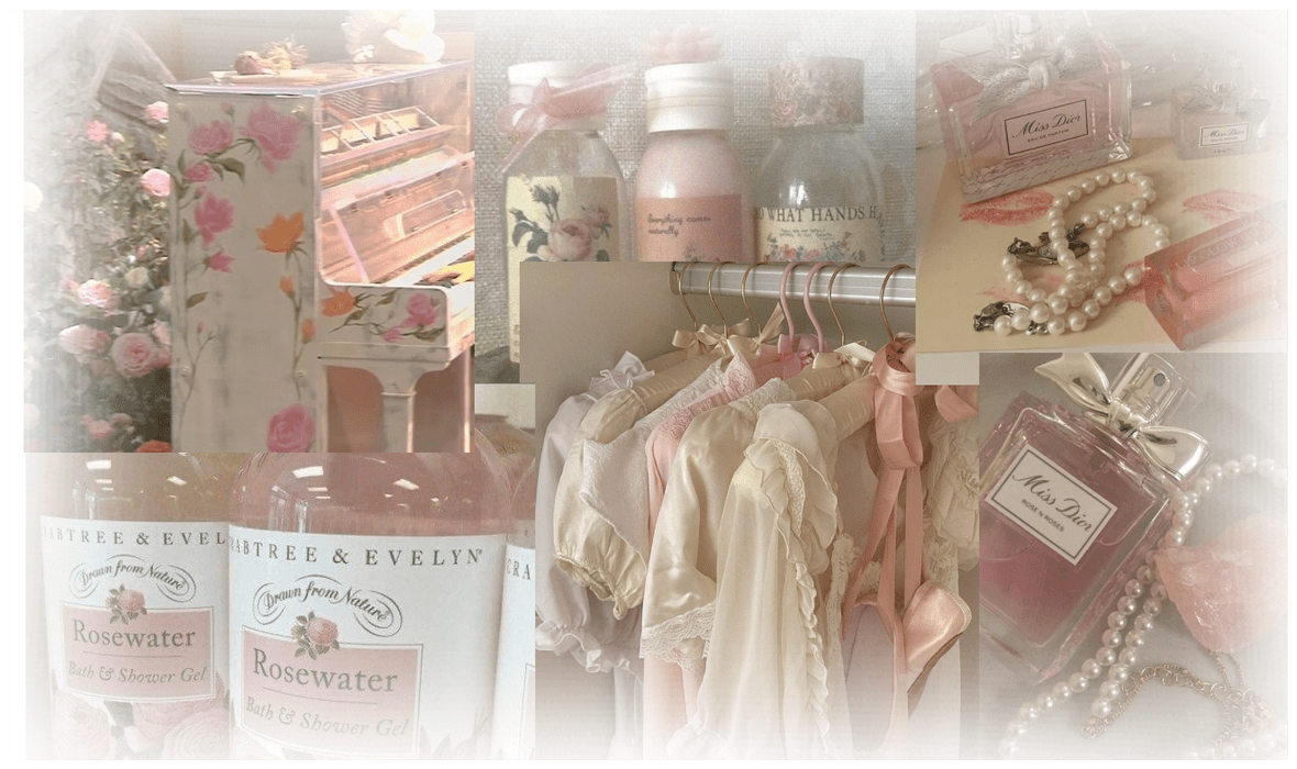 A collage of vintage inspired products including a bottle of Crabtree & Evelyn's Rosewater, a bottle of perfume, and a necklace. - Coquette
