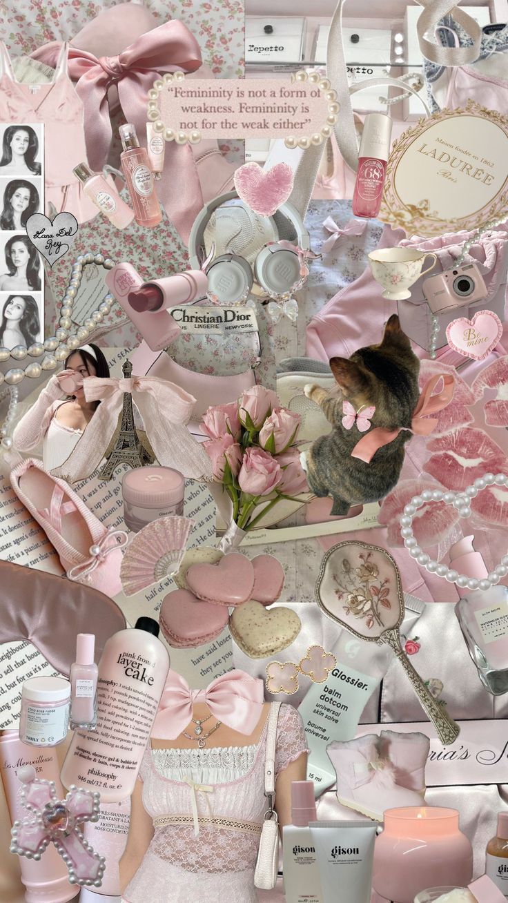 Aesthetic pink collage with beauty products, flowers, and a cat. - Coquette