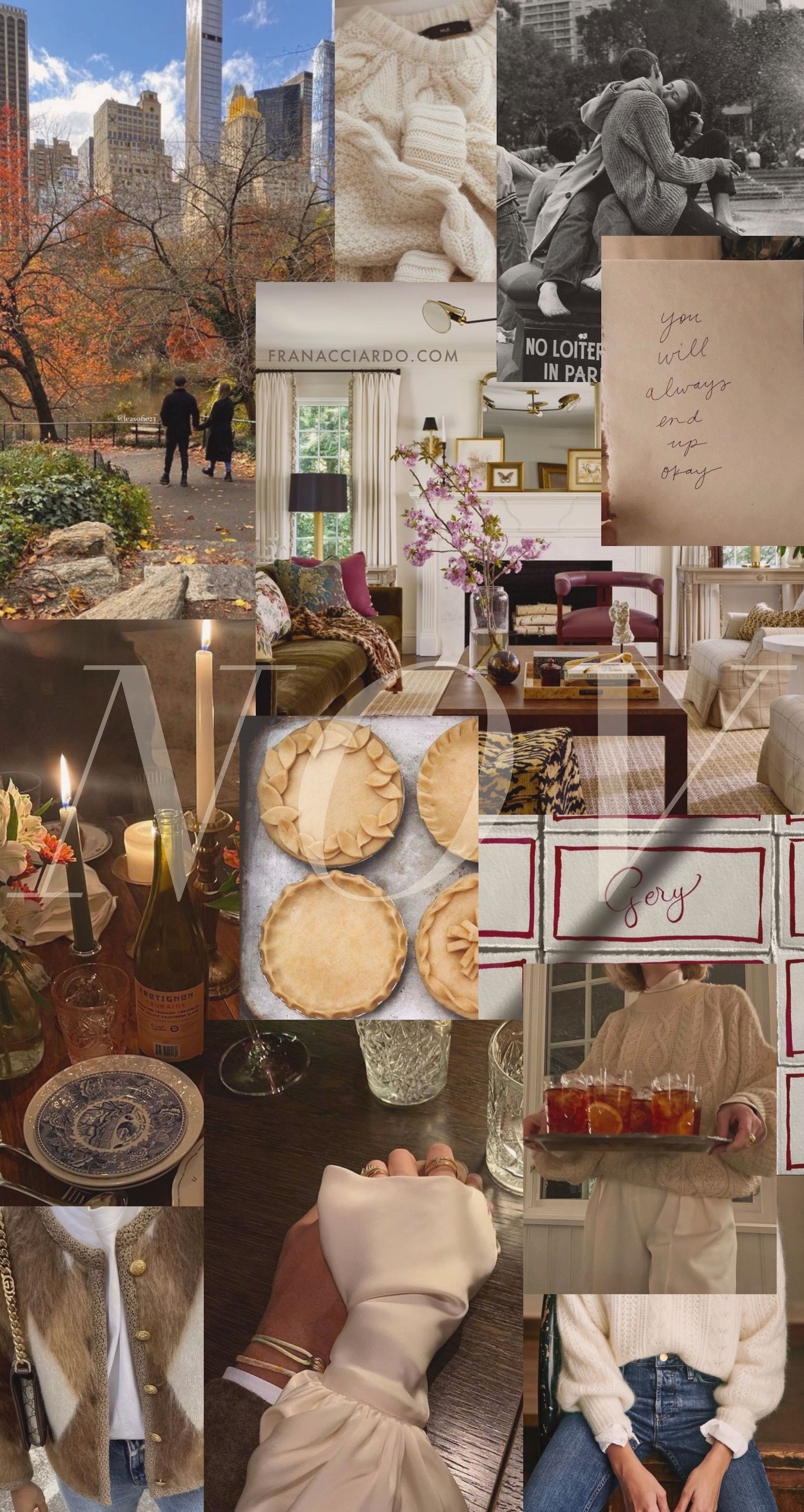 A collage of photos including a city, a couple walking, a cozy room, and a table with wine and cookies. - New York