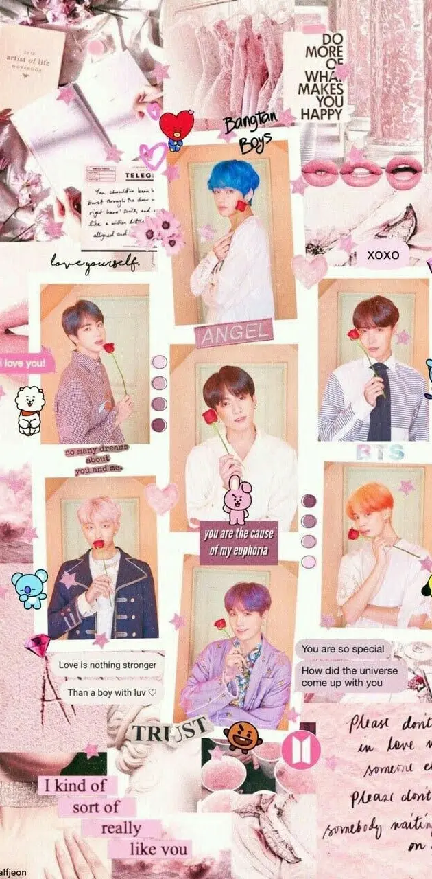 A collage of pictures of BTS members with words of love and affection written in the corner - BTS
