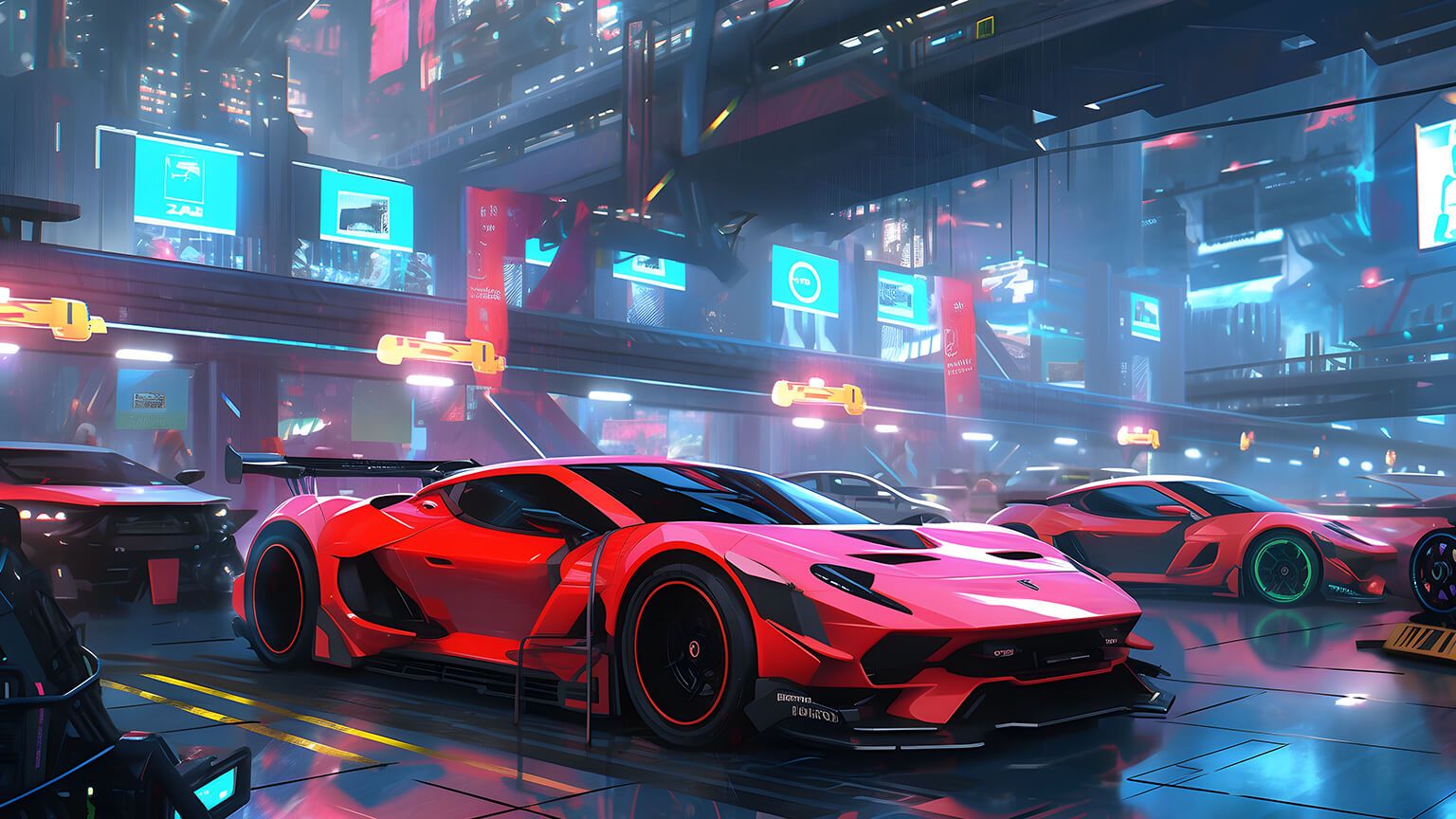 A red Lamborghini is parked in a garage with neon lights - Cyberpunk