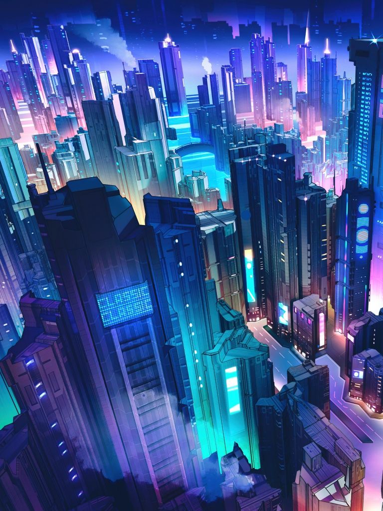 A cityscape of towering skyscrapers lit up in a purple blue light - Cyberpunk