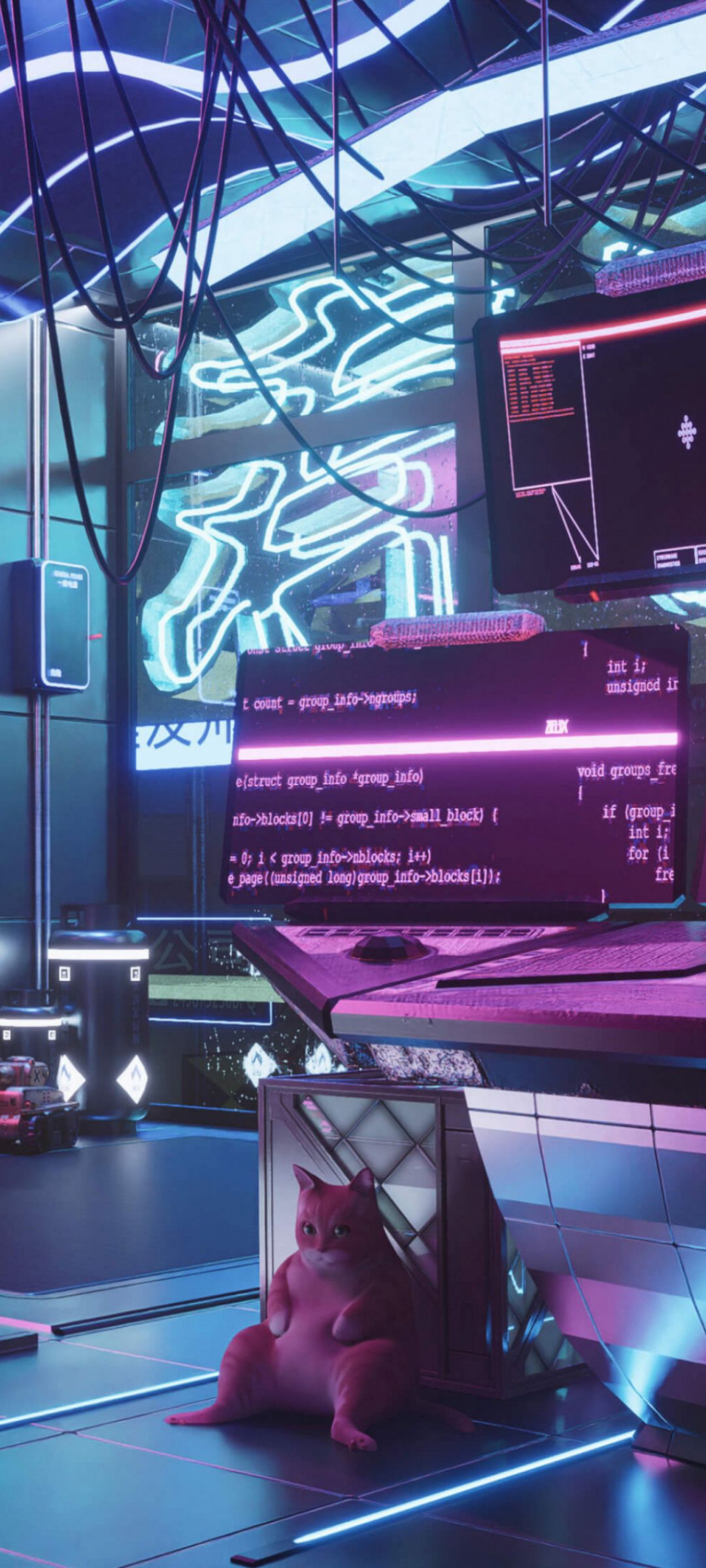 Aesthetic cyberpunk room with a cat and a code - Cyberpunk