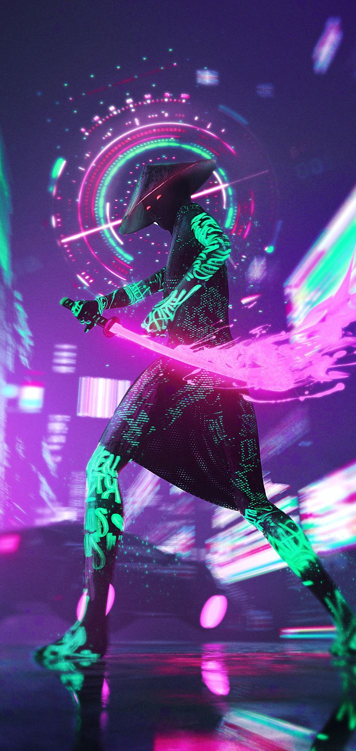 Cyberpunk girl in a neon suit with a neon sword. - Cyberpunk