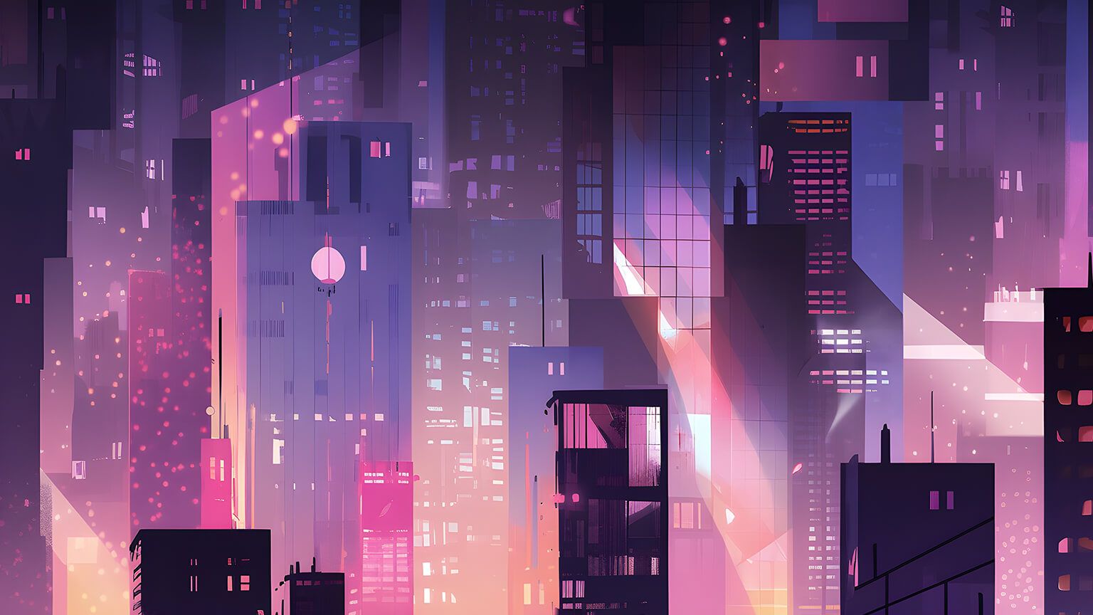 A cityscape at night with skyscrapers and neon lights - Landscape