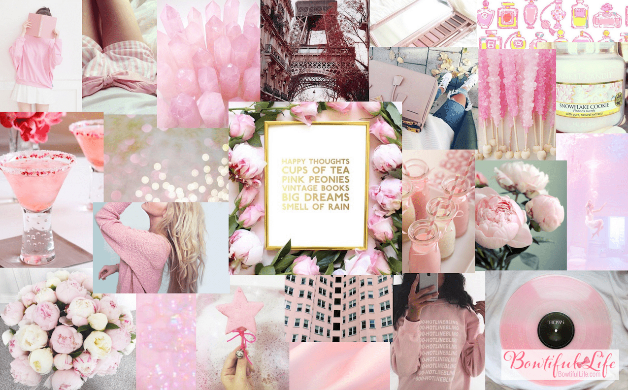 A collage of pink aesthetic images including flowers, books, and drinks. - January
