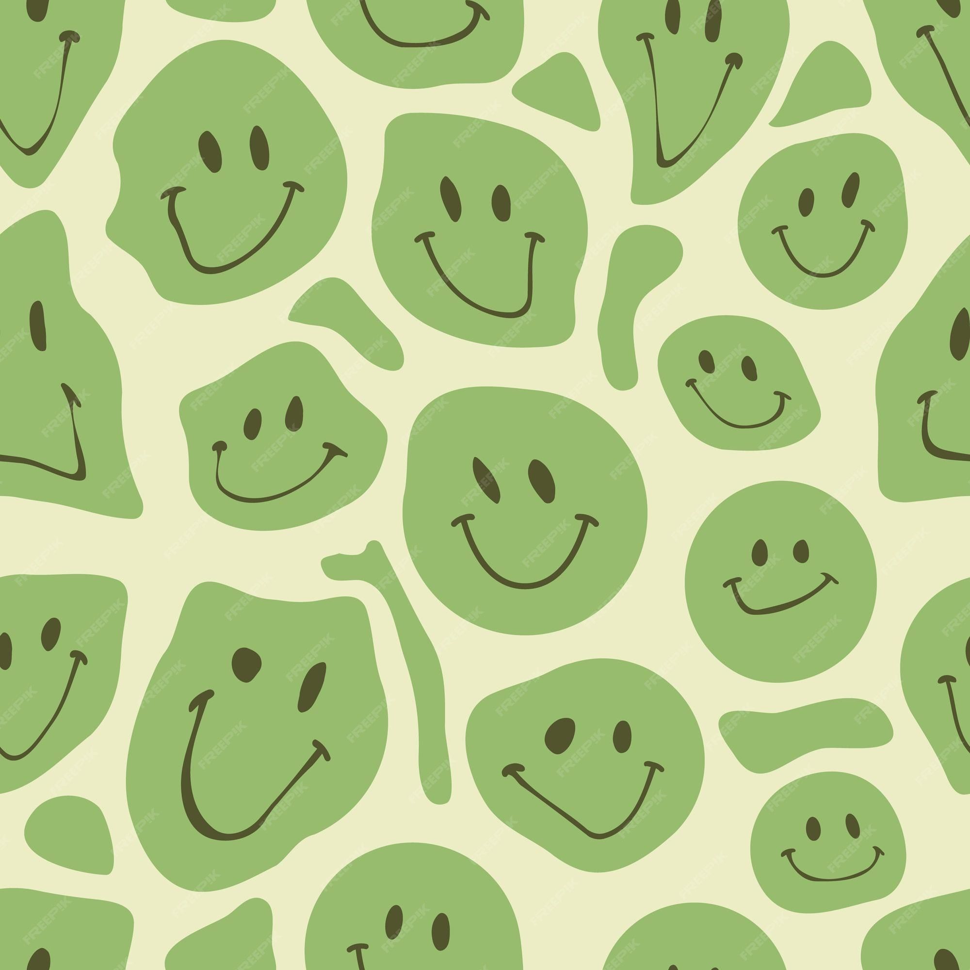 Premium Vector. Dripping emoji smiles seamless pattern distorted smiling face psychedelic wallpaper vector