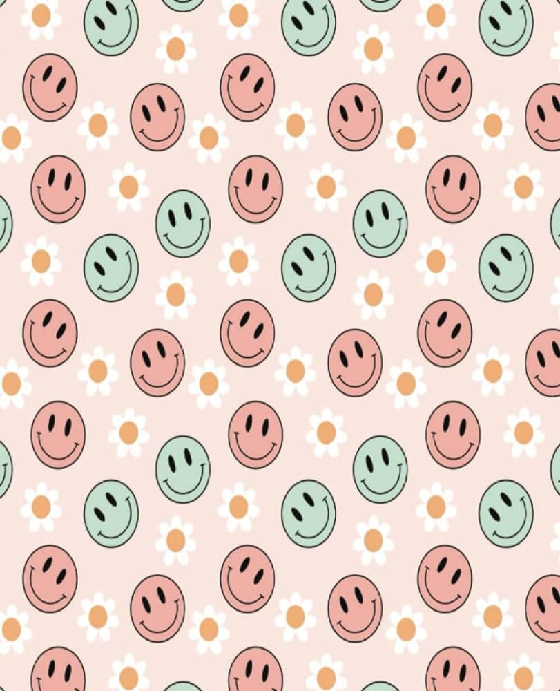 A pattern of pastel smiley faces and daisies on a pink background - Smiley
