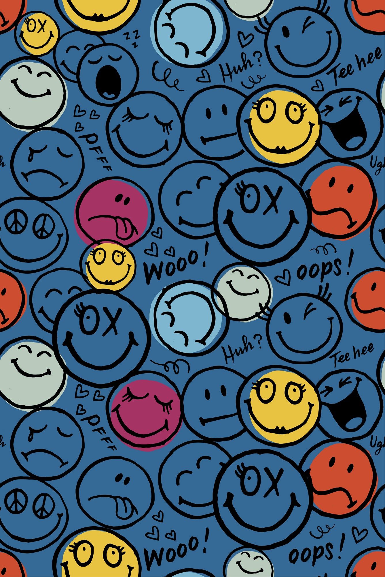 A blue background with different colored smiley faces on it. - Smiley