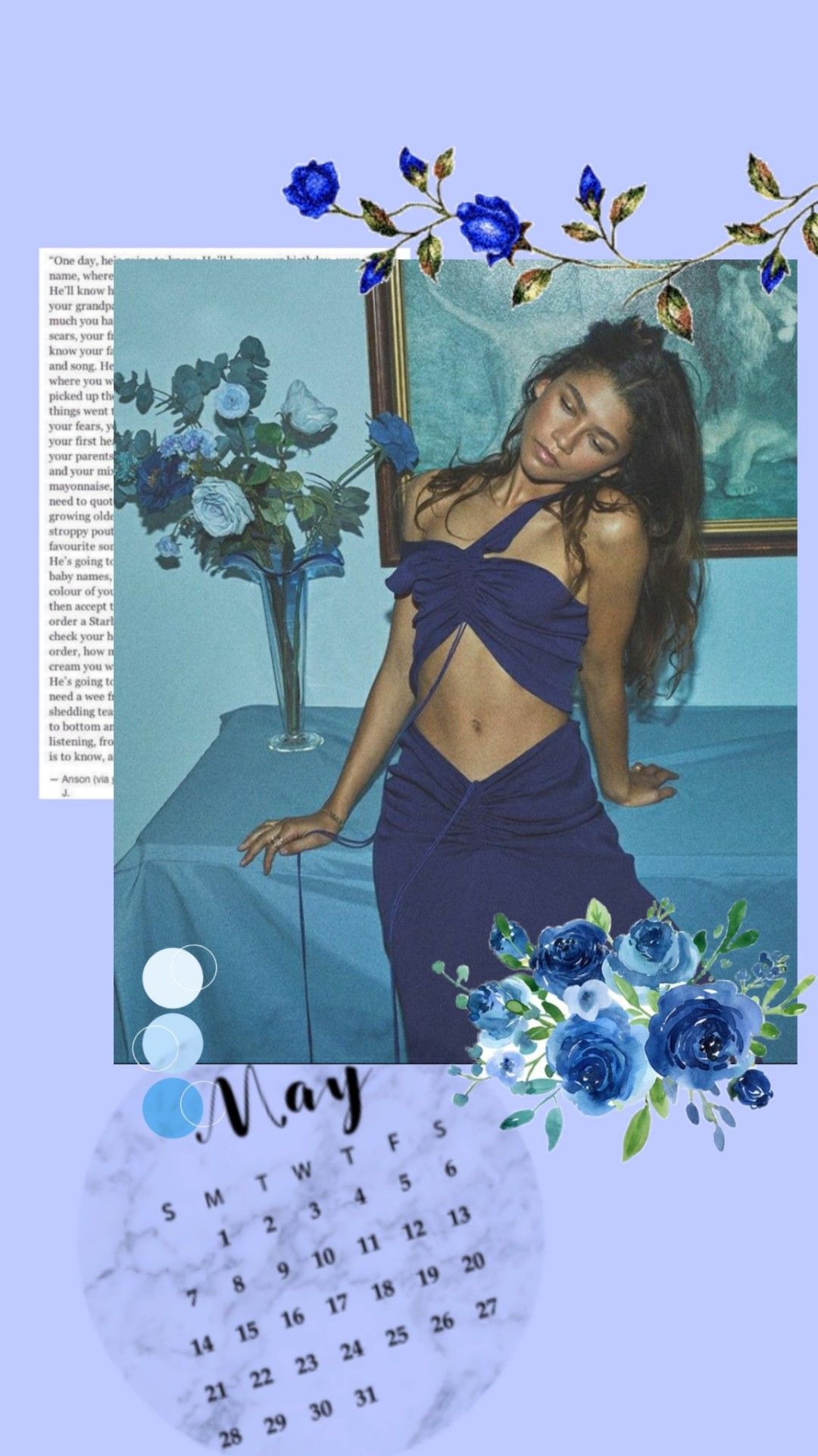 A collage of Zendaya, blue flowers, and a May calendar. - Zendaya