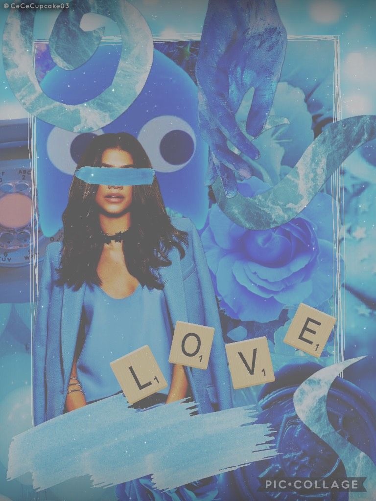 A blue collage with a girl, the word love, and blue roses. - Zendaya