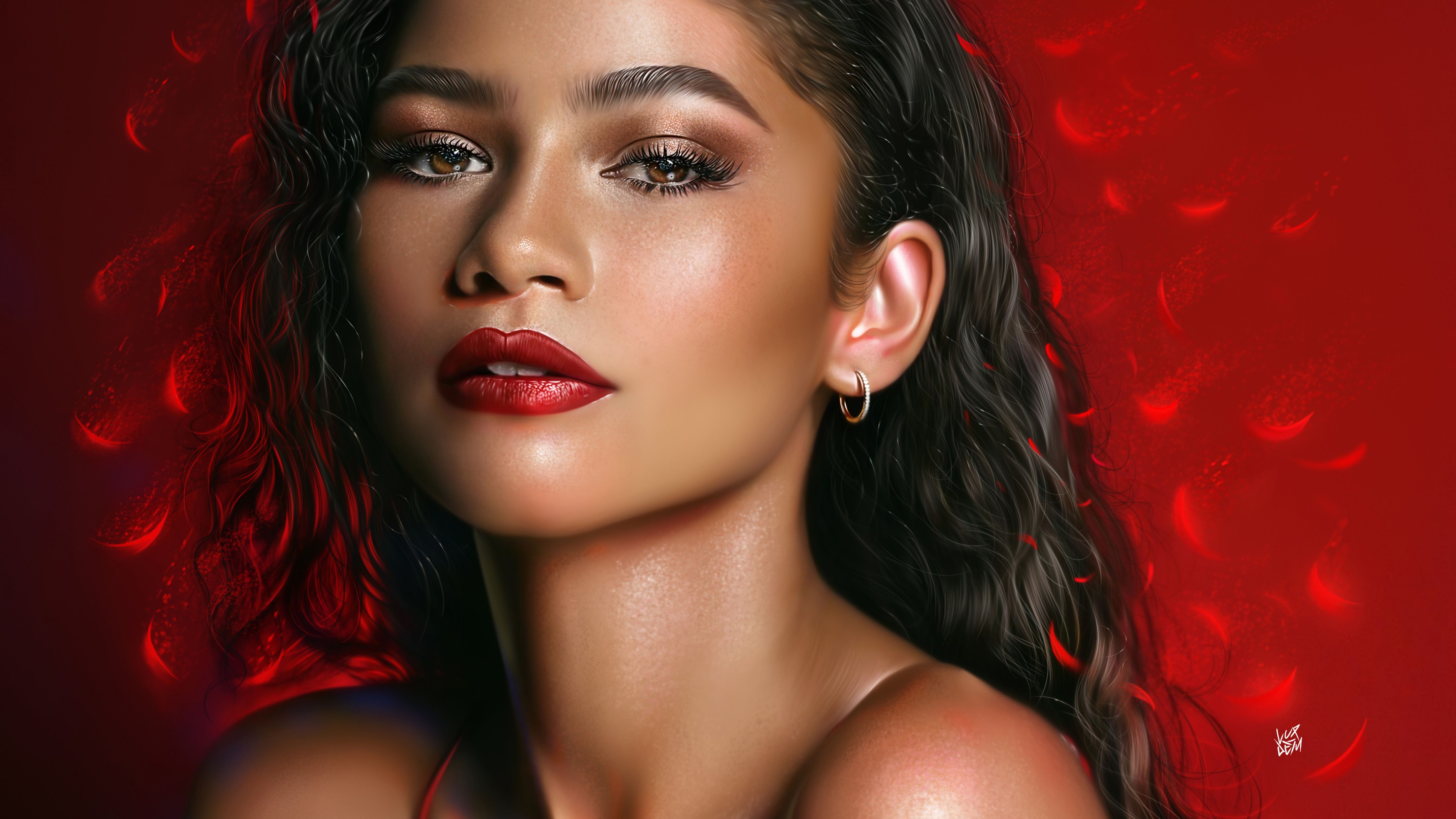 A beautiful woman with long hair and red lipstick, against a red background with white flowers - Zendaya