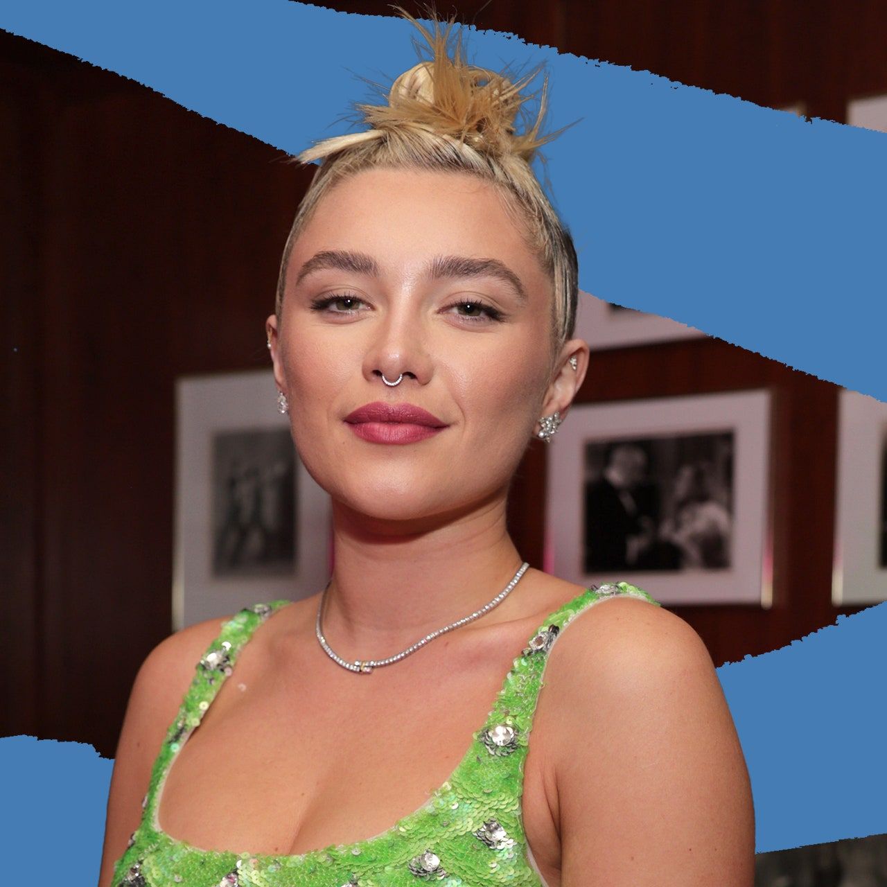 A close up of Florence Pugh wearing a green dress and a nose ring - Florence Pugh