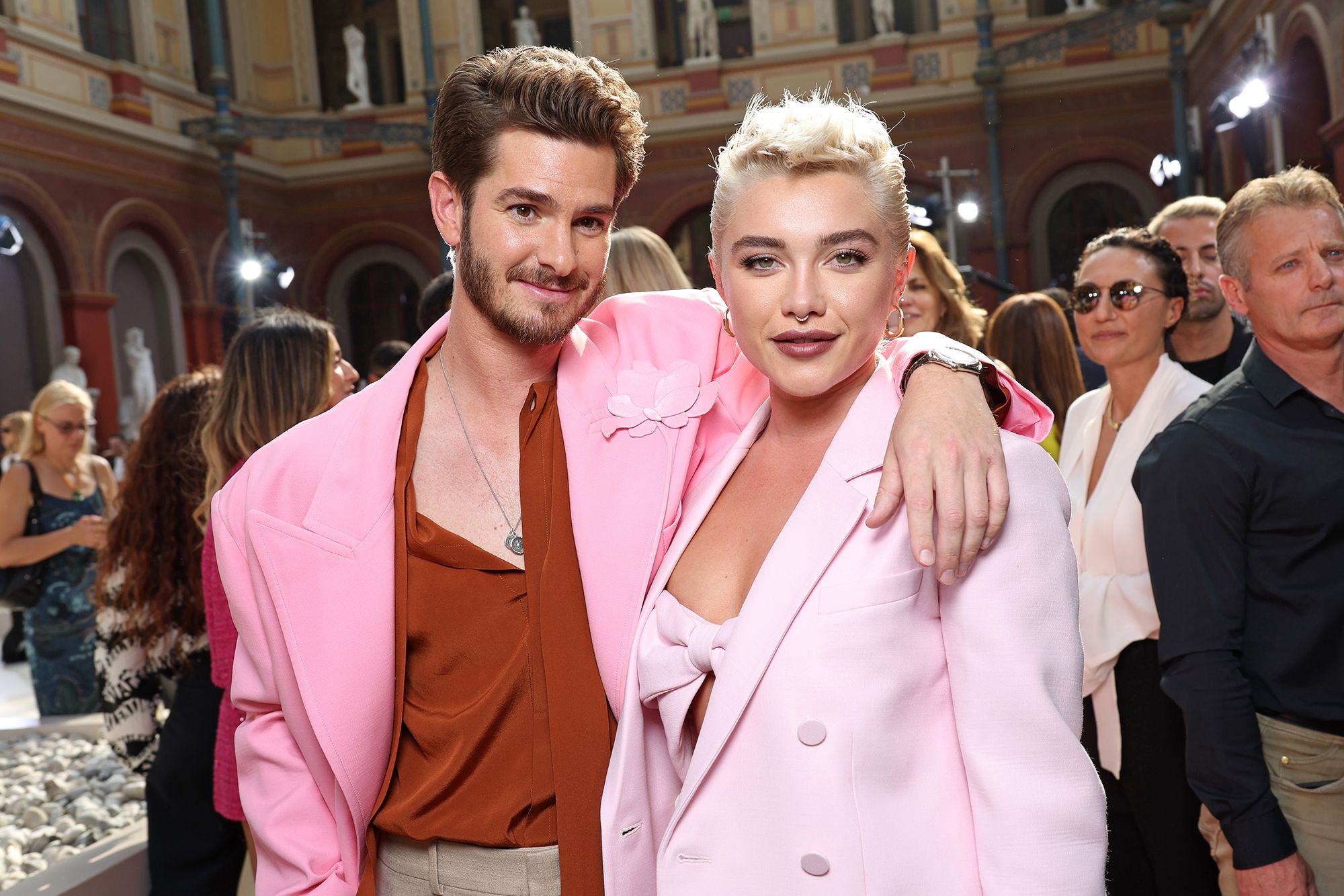 Andrew Garfield and Florence Pugh Twin in Pink at Valentino Show