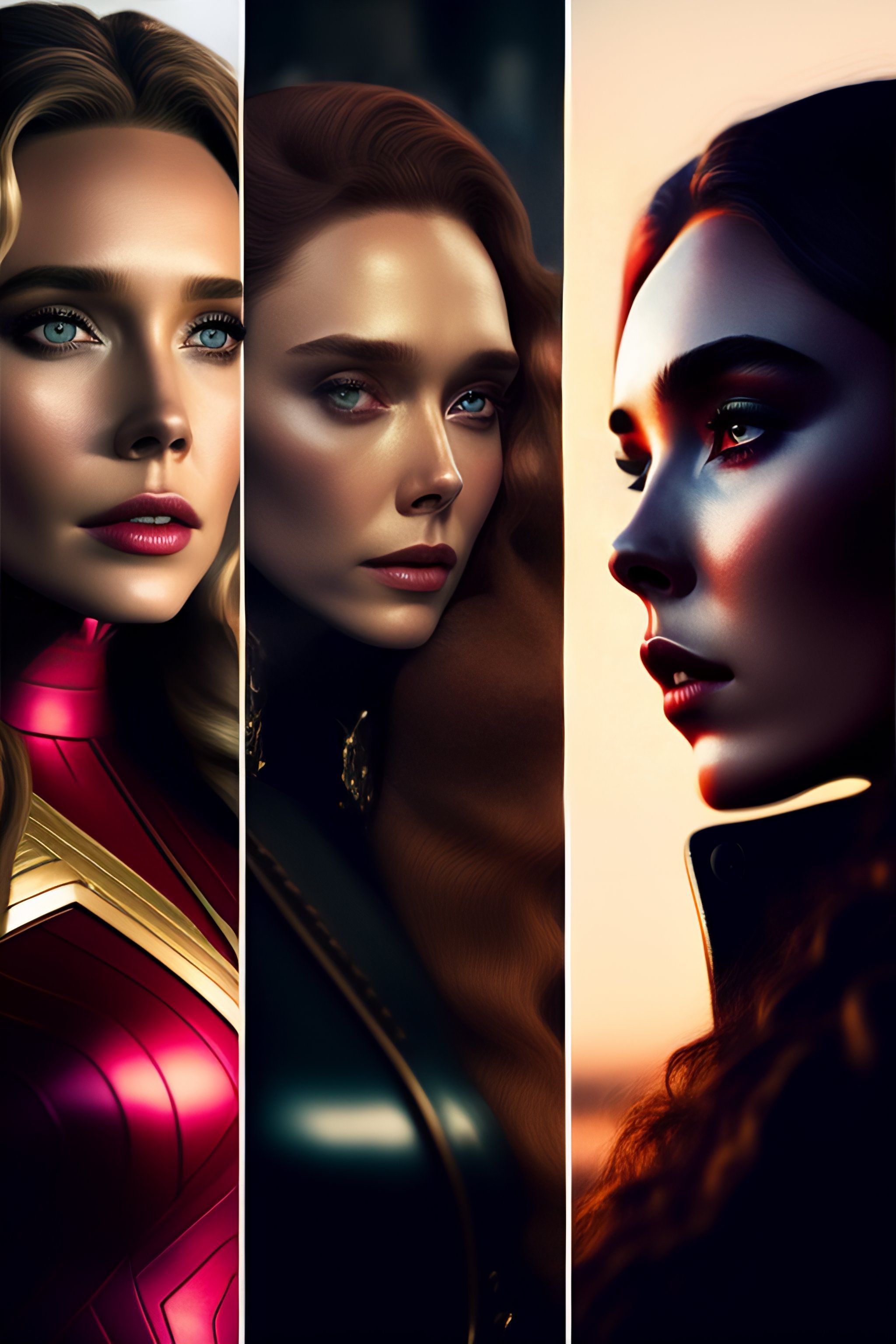 Lexica olsen as wanda maximoff side by side with scarlett johansson and florence pugh as black widow and gal gadot as wonder woman, not a