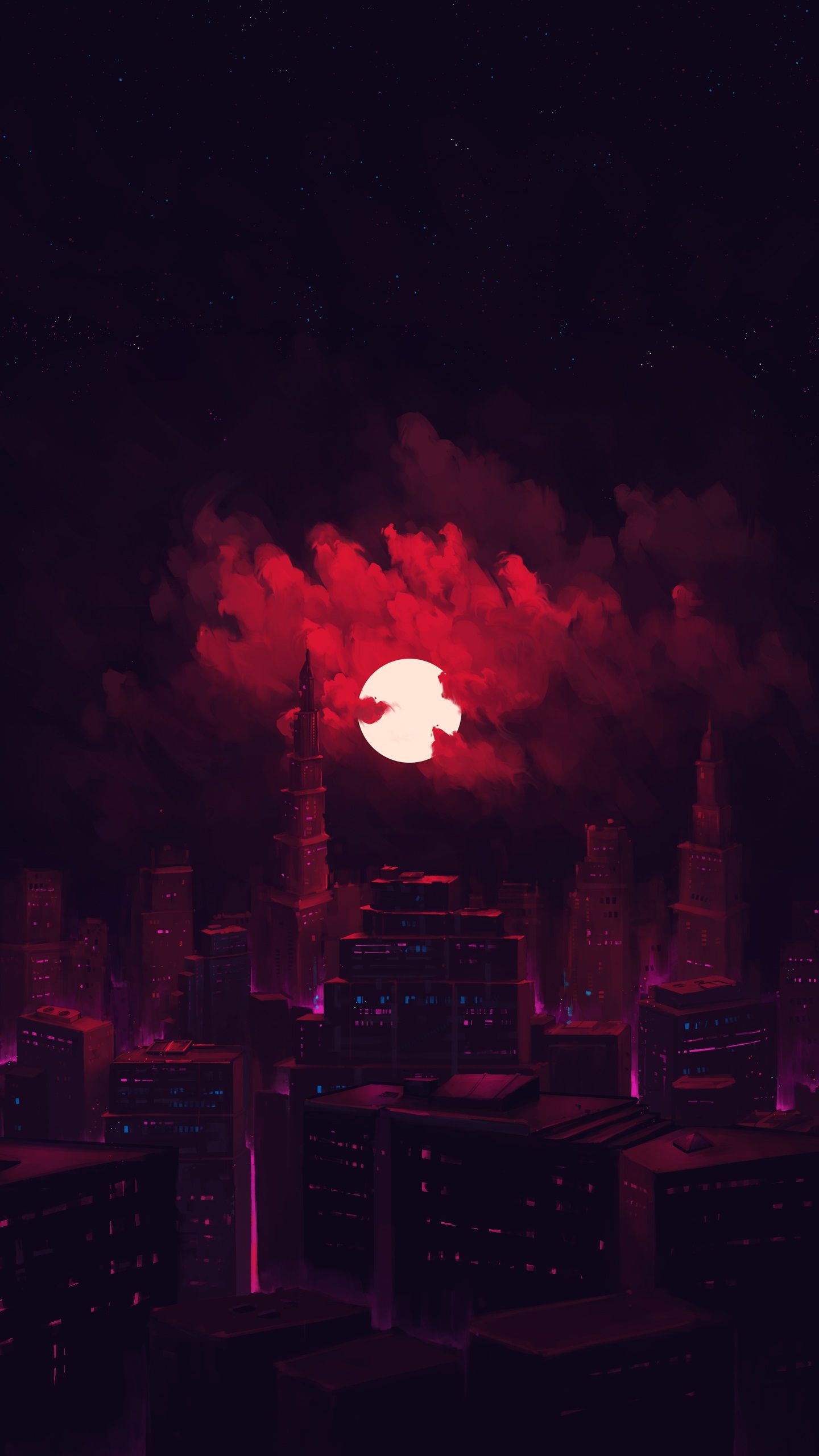 Red cityscape with a red moon - Crimson