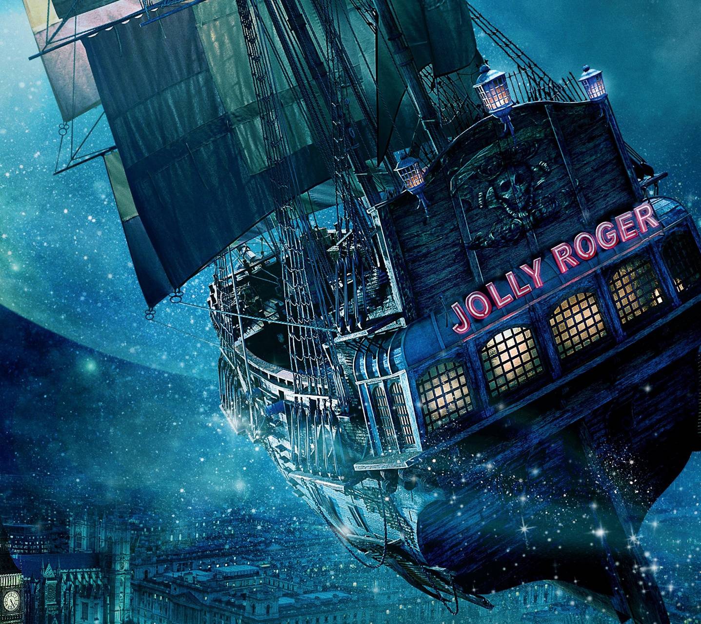 Jolly Roger is a tall ship, which is flying through the air in the night sky. - Peter Pan