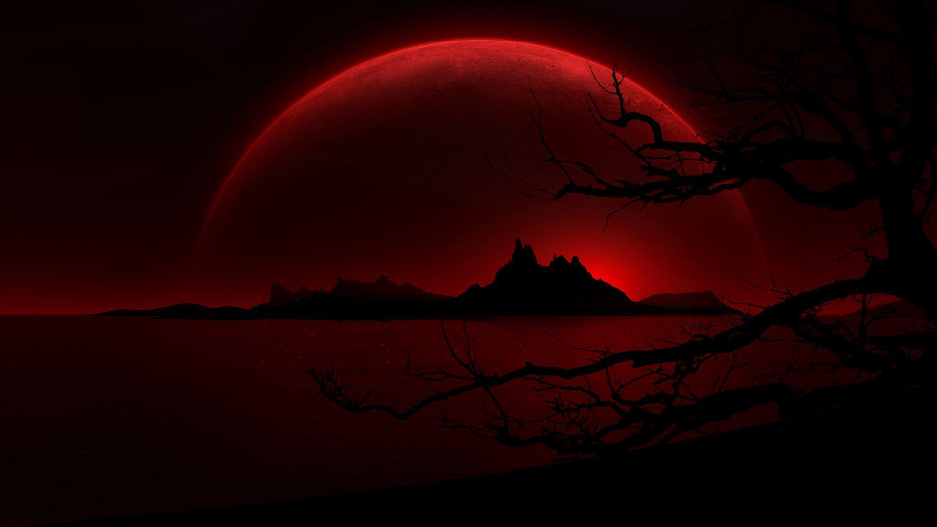 Red moon over the lake wallpaper 1920x1080 - Crimson