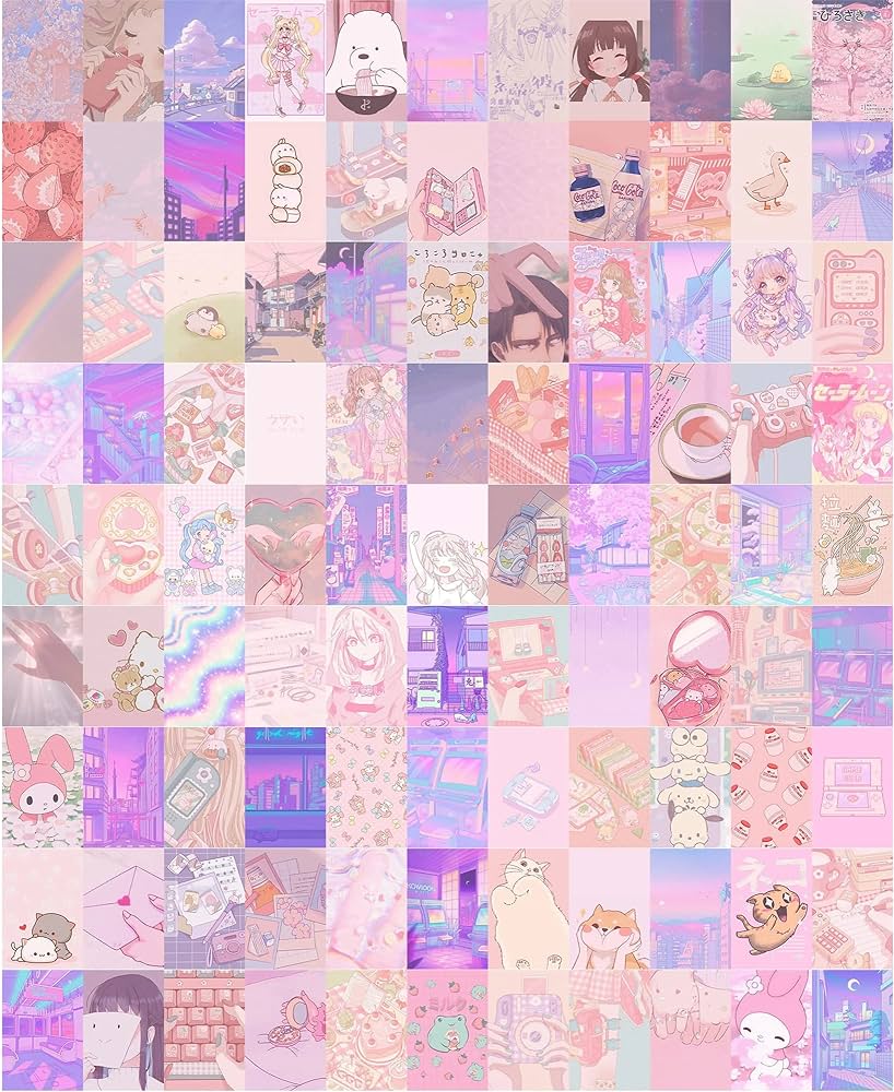 Elaaj. Pink Kawaii Aesthetic Wall Collage Kit. SET OF 60 Pastel Aesthetic Posters. Self Adhesive. Size 4×6 inches. A6. HD Print Quality. Glossy Finish. Room Decor