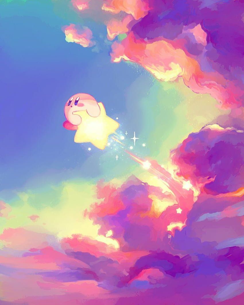 A Kirby flying through a sky of pink and purple clouds - Kirby