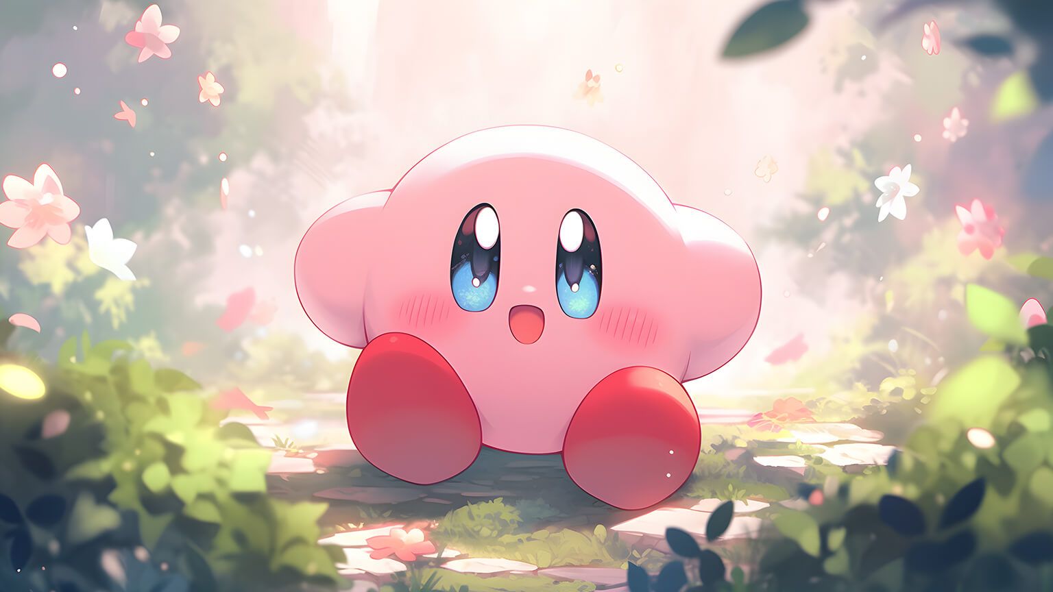 <ref> Cute Kirby Flowers Desktop Wallpaper</ref><box>(273,204),(727,869)</box> Kirby Wallpaper 4K - Kirby