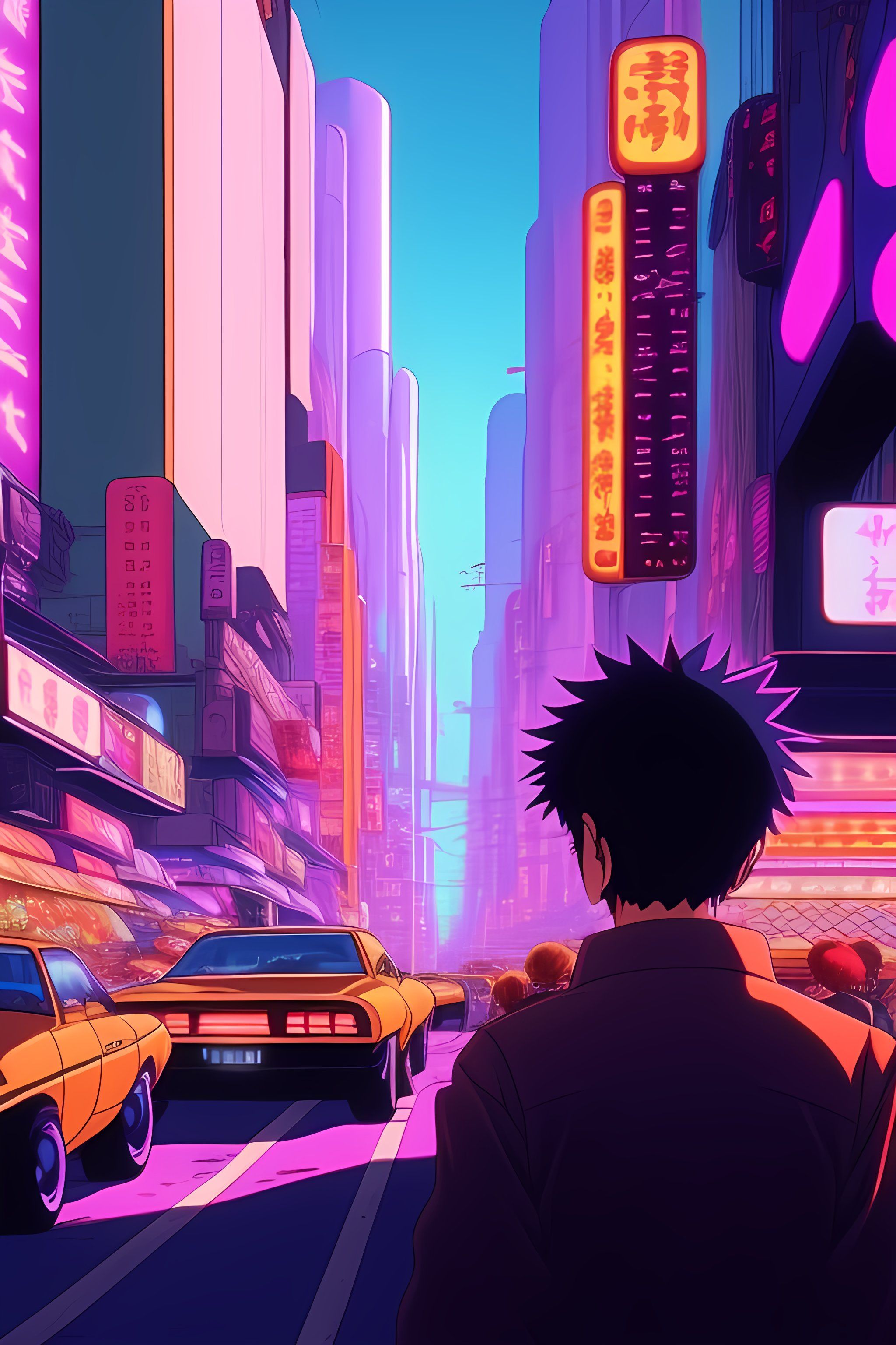 A man with spiky hair looks at a neon lit city - 90s anime