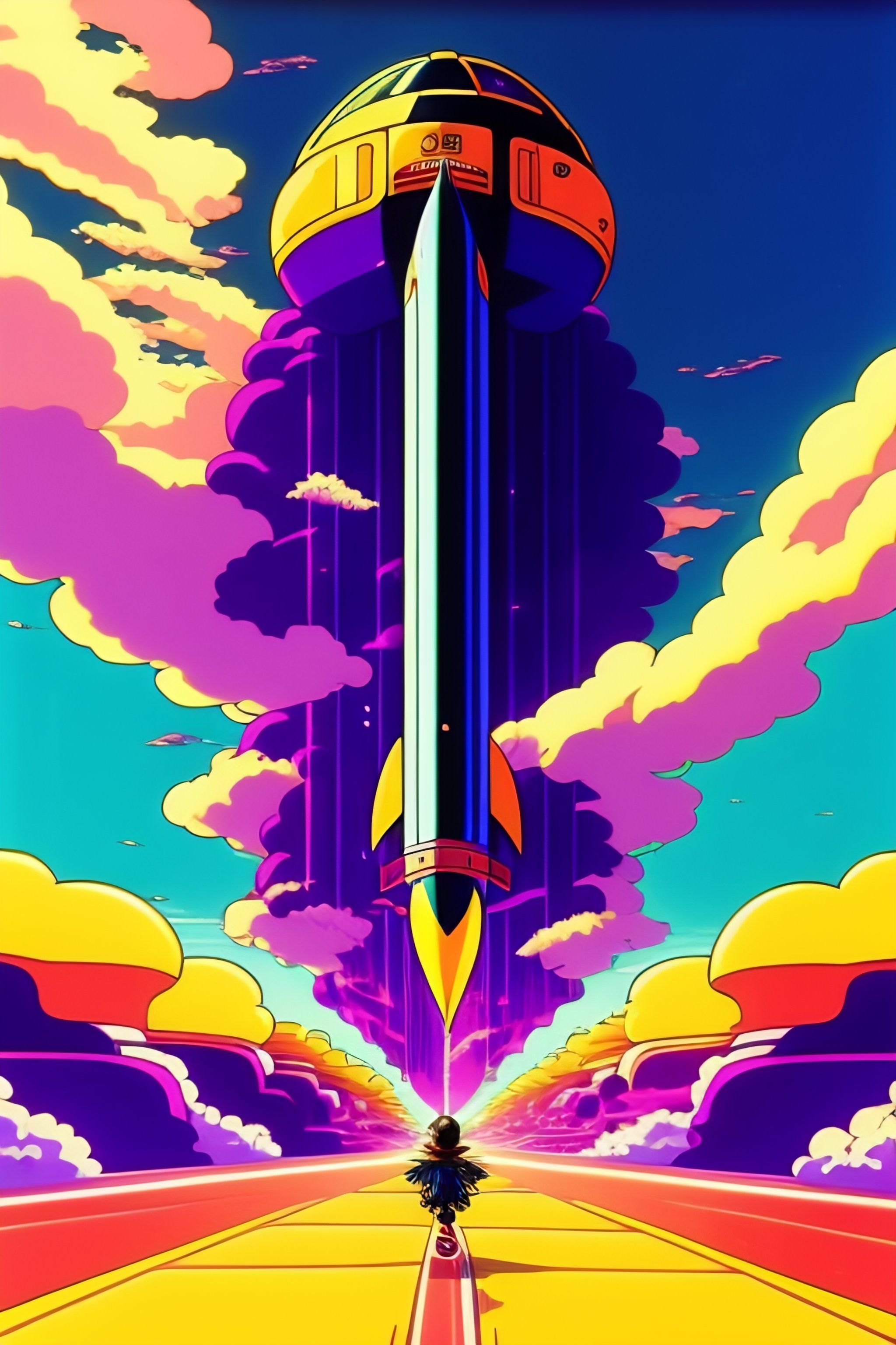 Lexica anime, 90's anime aesthetic. A stunning maximalist shot the protagonist running towards a rocket ship taking off. Aesthetic. One poi