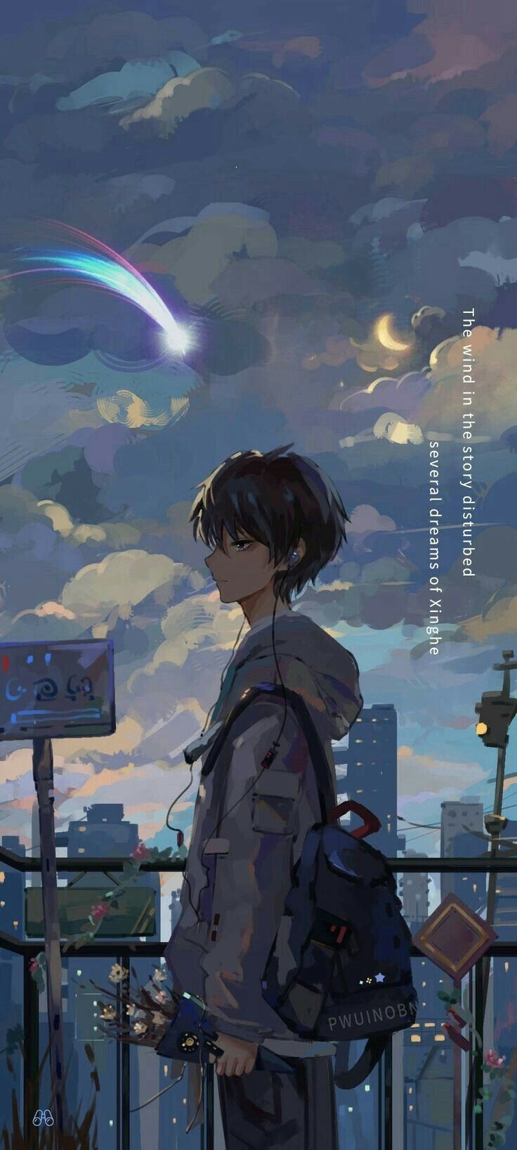 Anime boy with a backpack looking at the sky - 90s anime