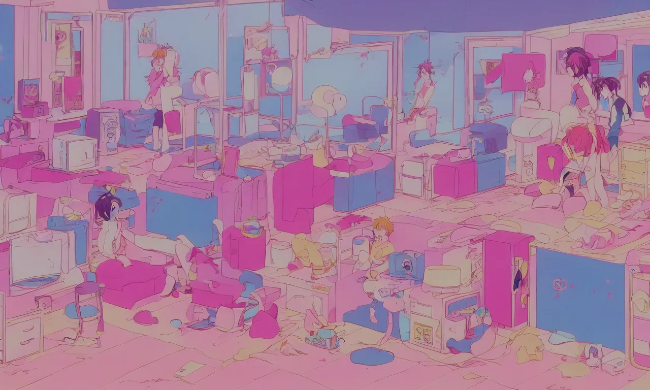 A still frame from an 80's or 90's anime. The image is of a pink room with a pink aesthetic. There are many people in the room, sitting on the furniture, and standing around. - 90s anime