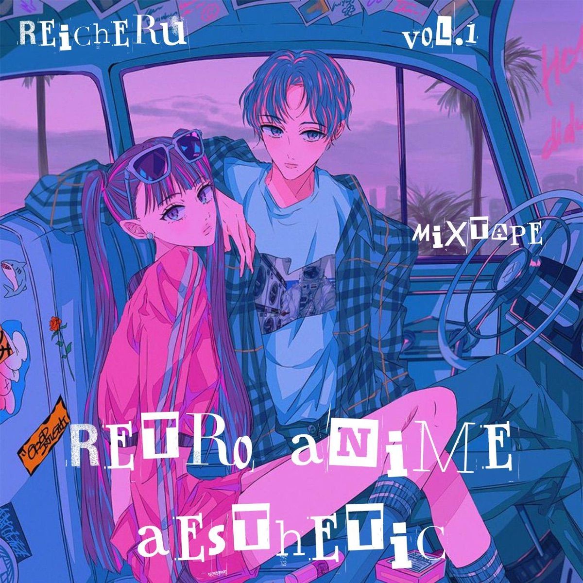 The cover of the mixtape, which features a pink-haired girl and a blue-haired boy sitting in the back of a van. - 90s anime