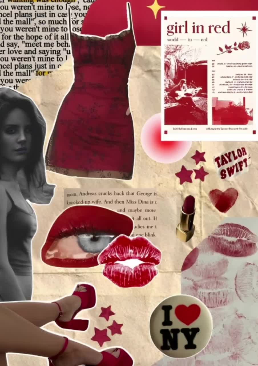 A collage of red and white images including a dress, lipstick, a heart, and Taylor Swift - Coquette