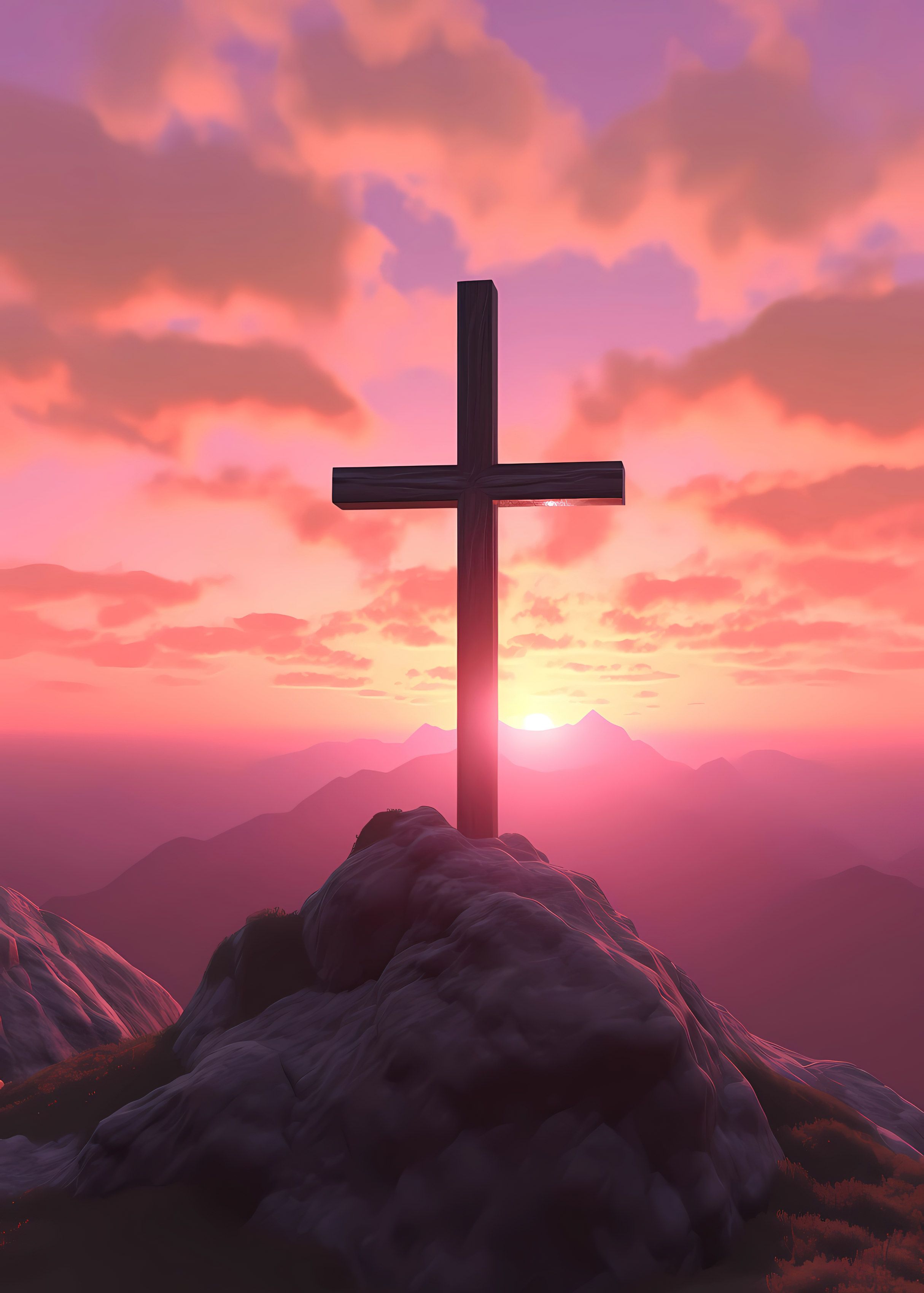A cross on a hill with a sunset in the background. - Cross