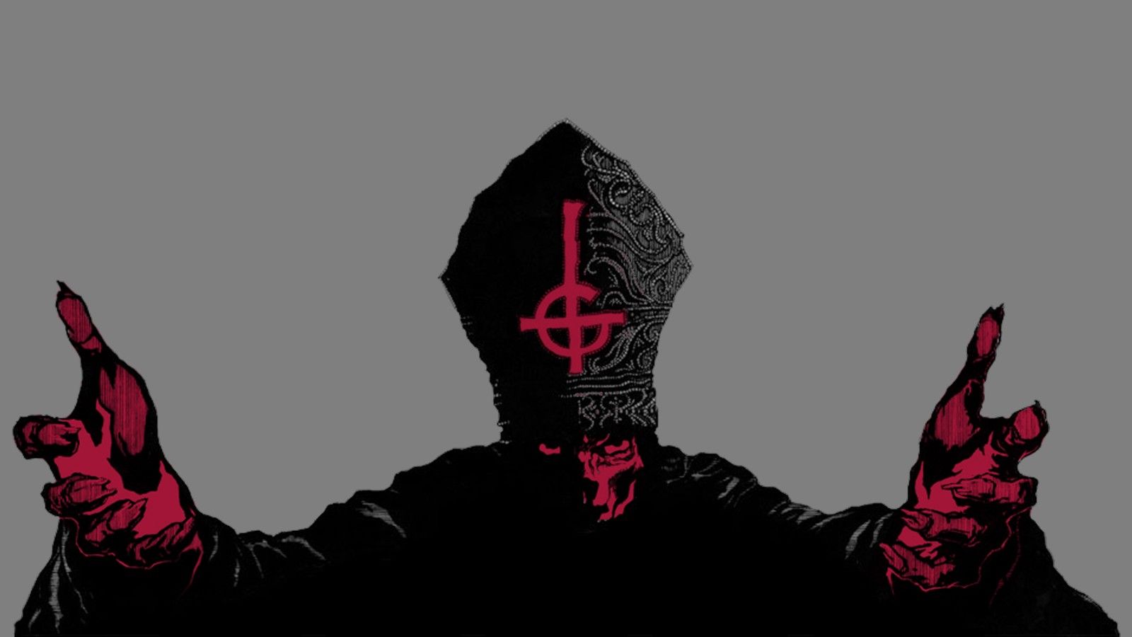 A black and red illustration of a bishop in a black robe with a pink cross on their forehead. - Cross