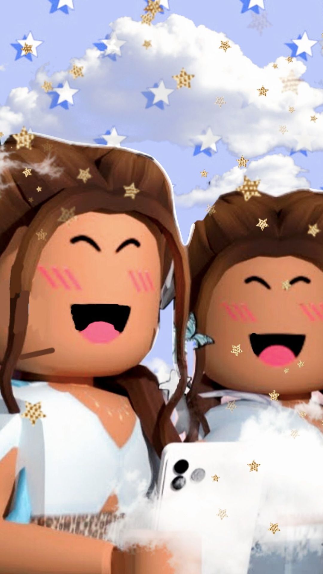 Two Roblox characters taking a selfie in front of a blue sky with white clouds and gold stars. - Roblox