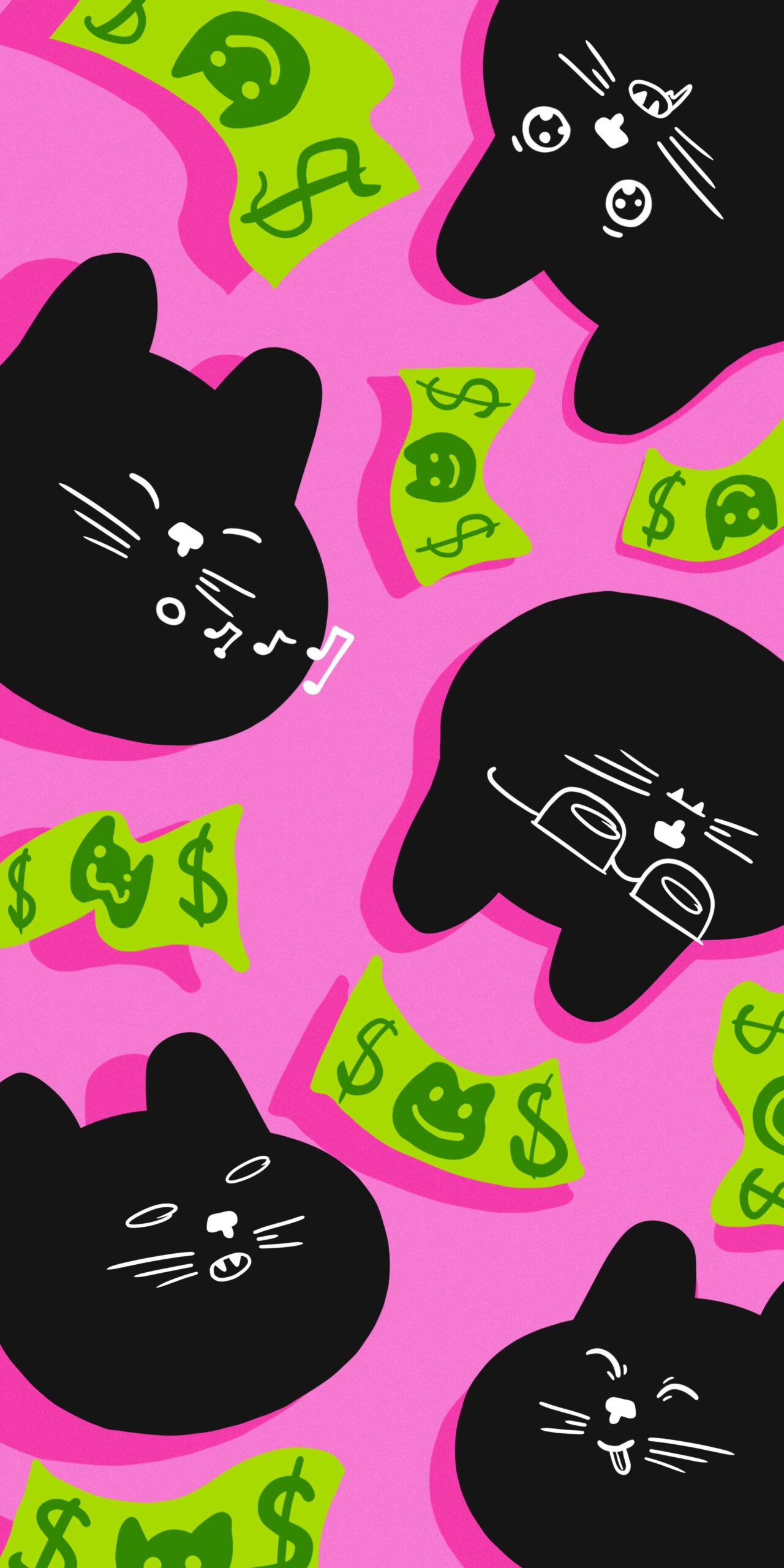 A pink background with black cats and green money signs. - Money