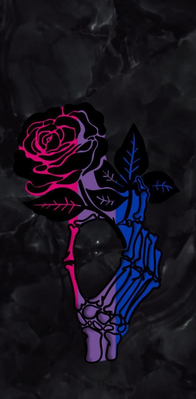Aesthetic wallpaper phone background with a skeleton hand holding a rose - Bisexual