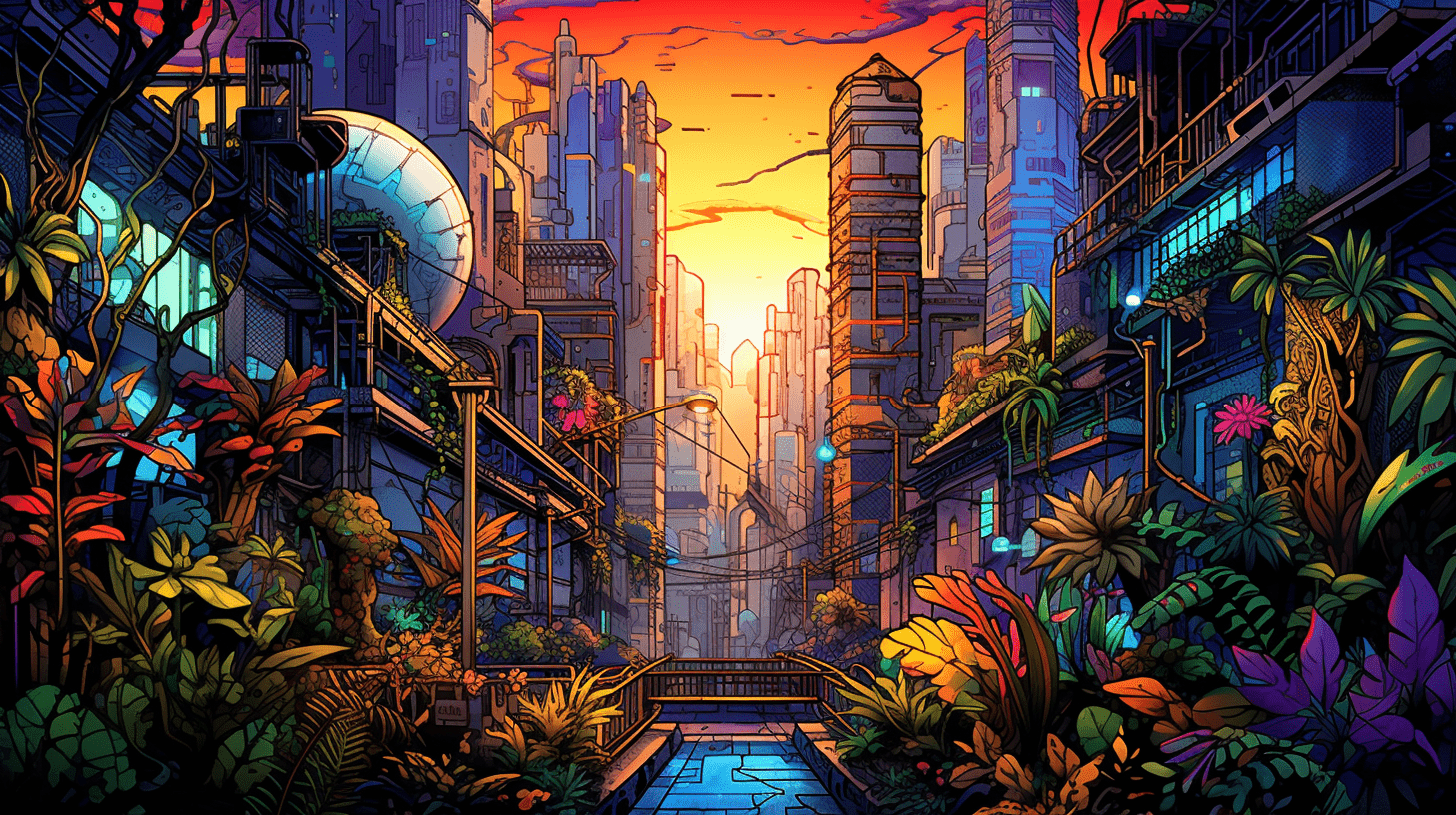The image is an illustration of a cyberpunk city at sunset. - Graffiti