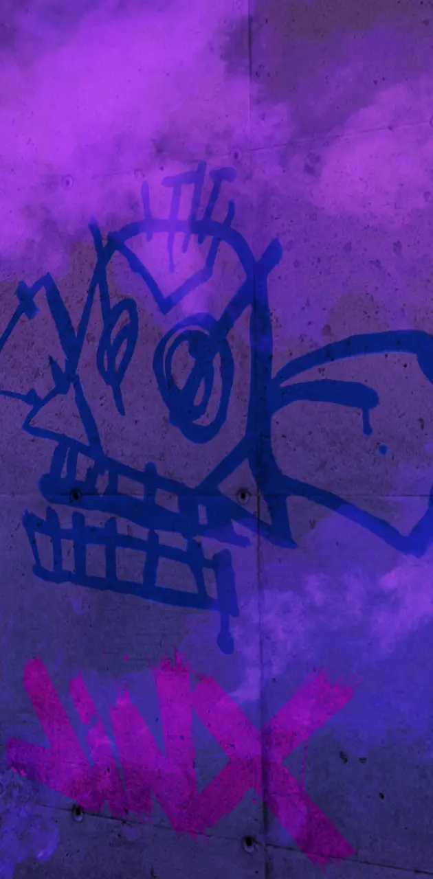 A purple and blue wall with a drawing of a fish on it. - Graffiti