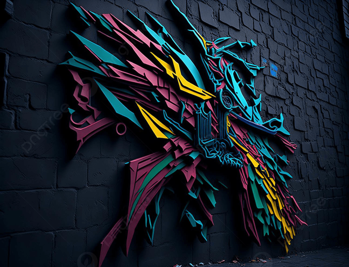 A colorful graffiti piece on a black brick wall - Graffiti