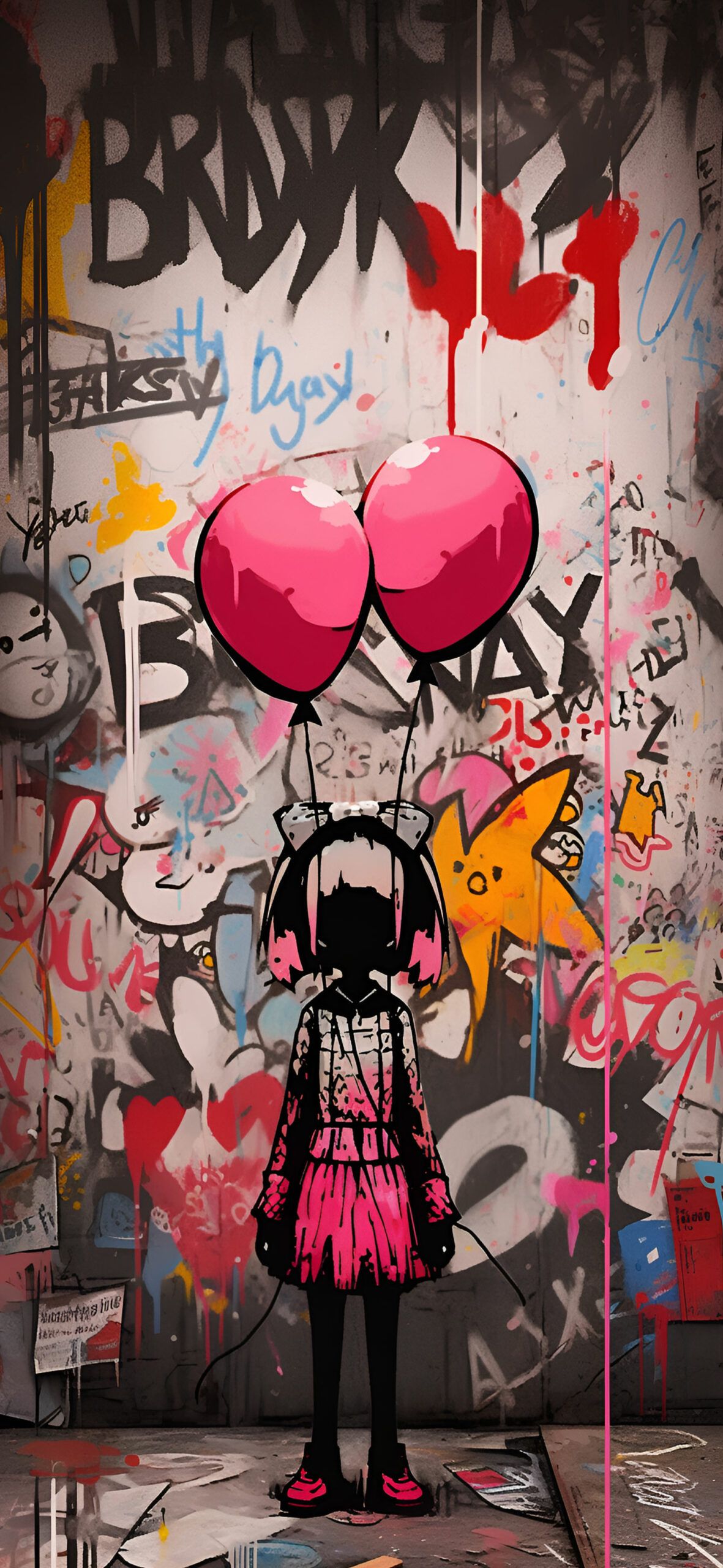 IPhone wallpaper of a girl holding balloons in front of a graffiti wall - Graffiti