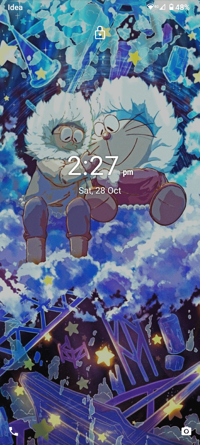 A phone screen showing a cartoon character in a snowy environment - Doraemon